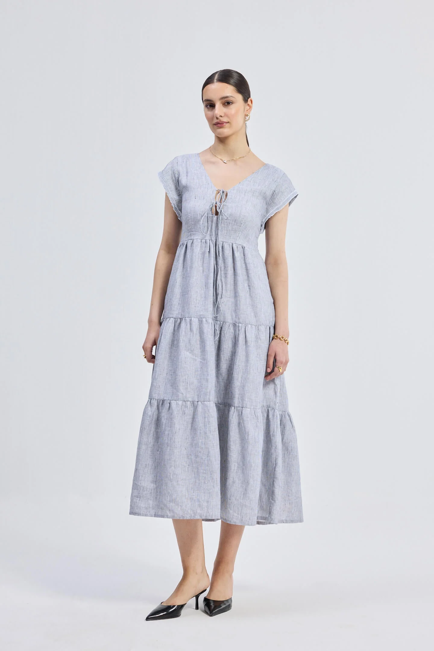 Maxi Tiered Dress with Front-ties in Linen Stripes - Image 8