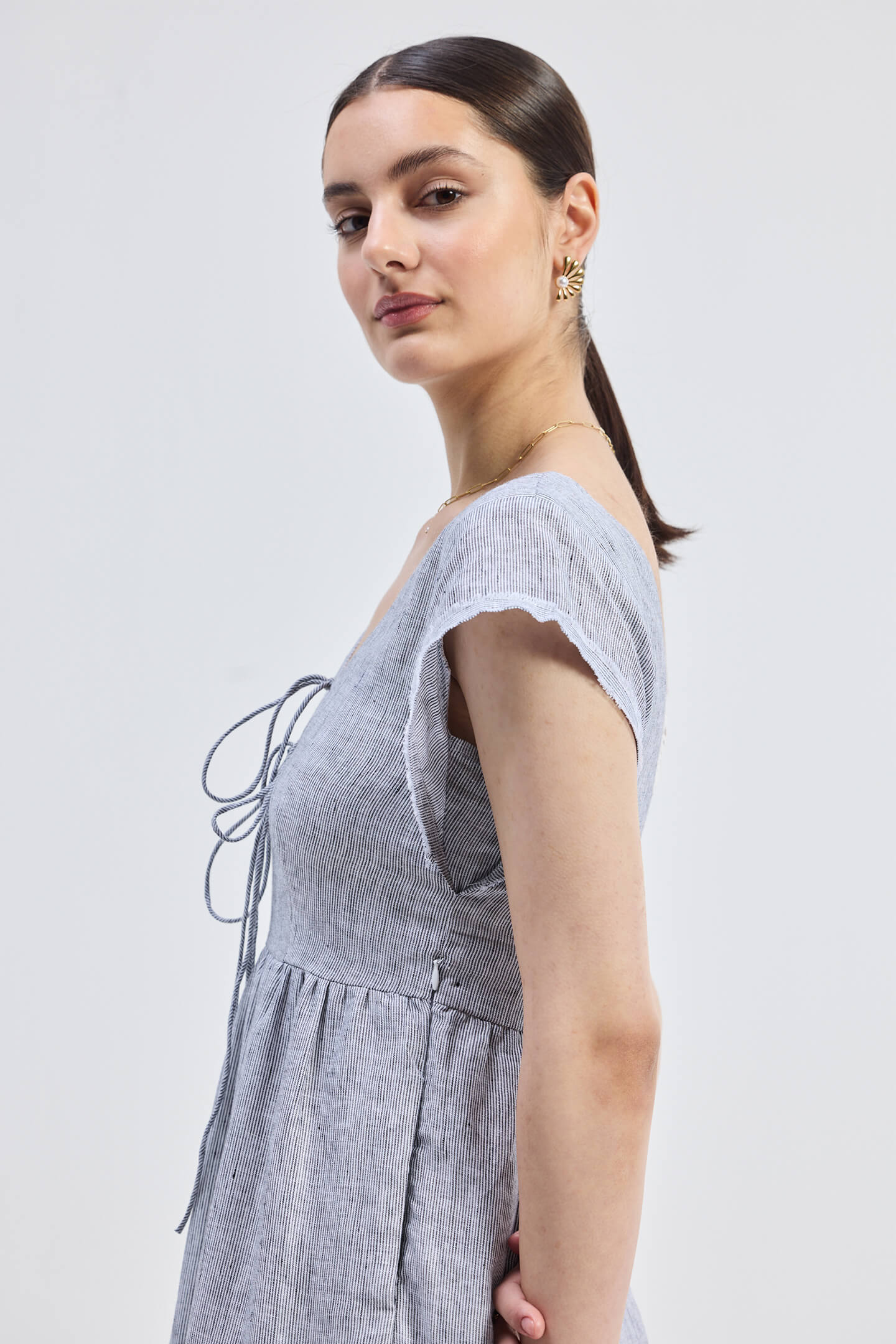 Maxi Tiered Dress with Front-ties in Linen Stripes - Image 9