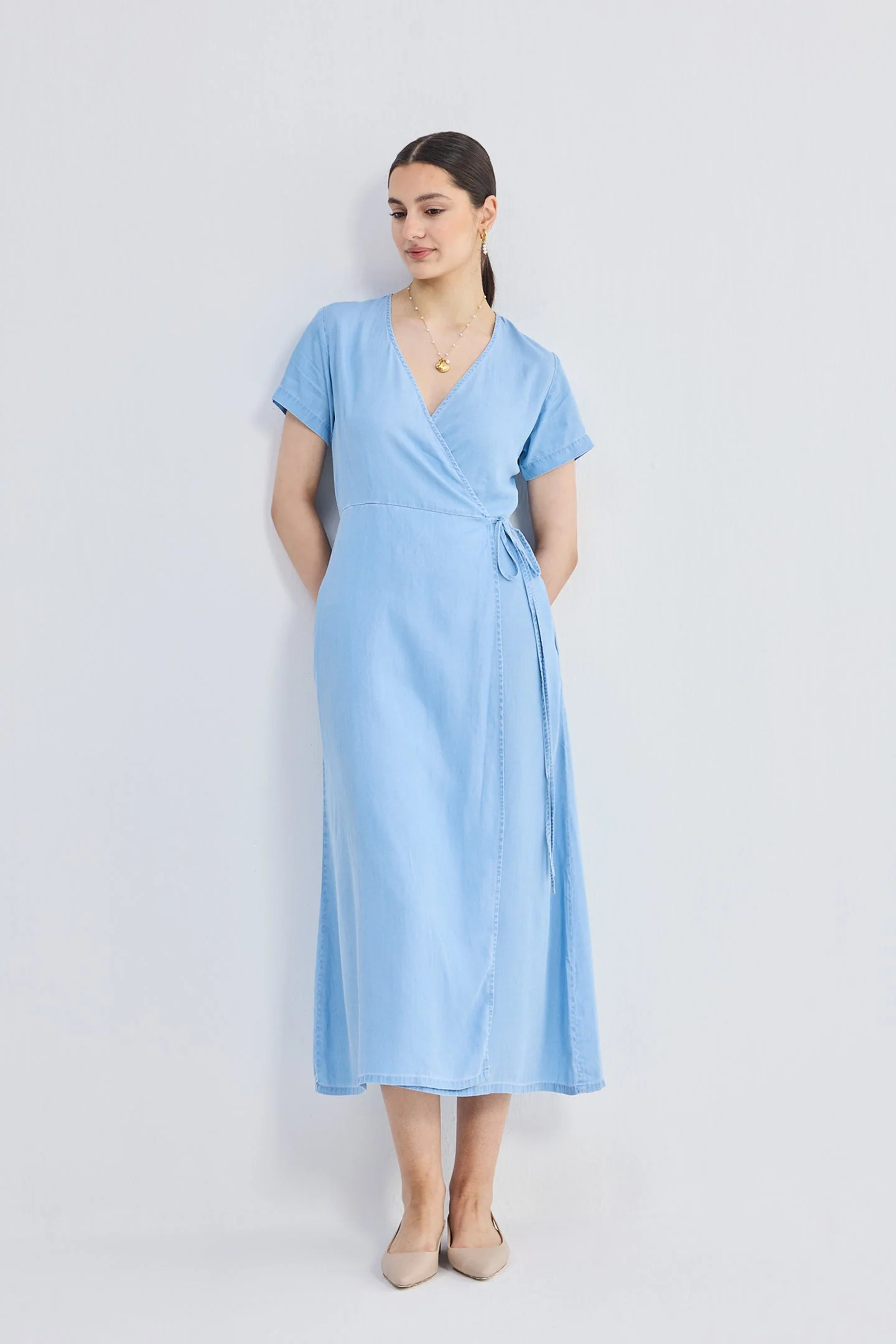 Maxi Wrap Dress in Light Blue - Image 15