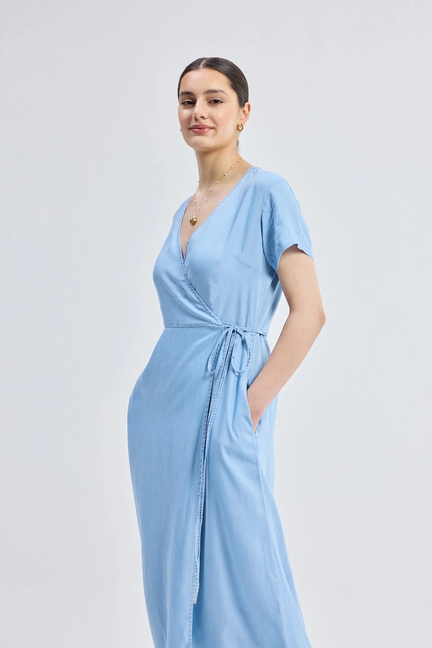 Maxi Wrap Dress in Light Blue - Image 4