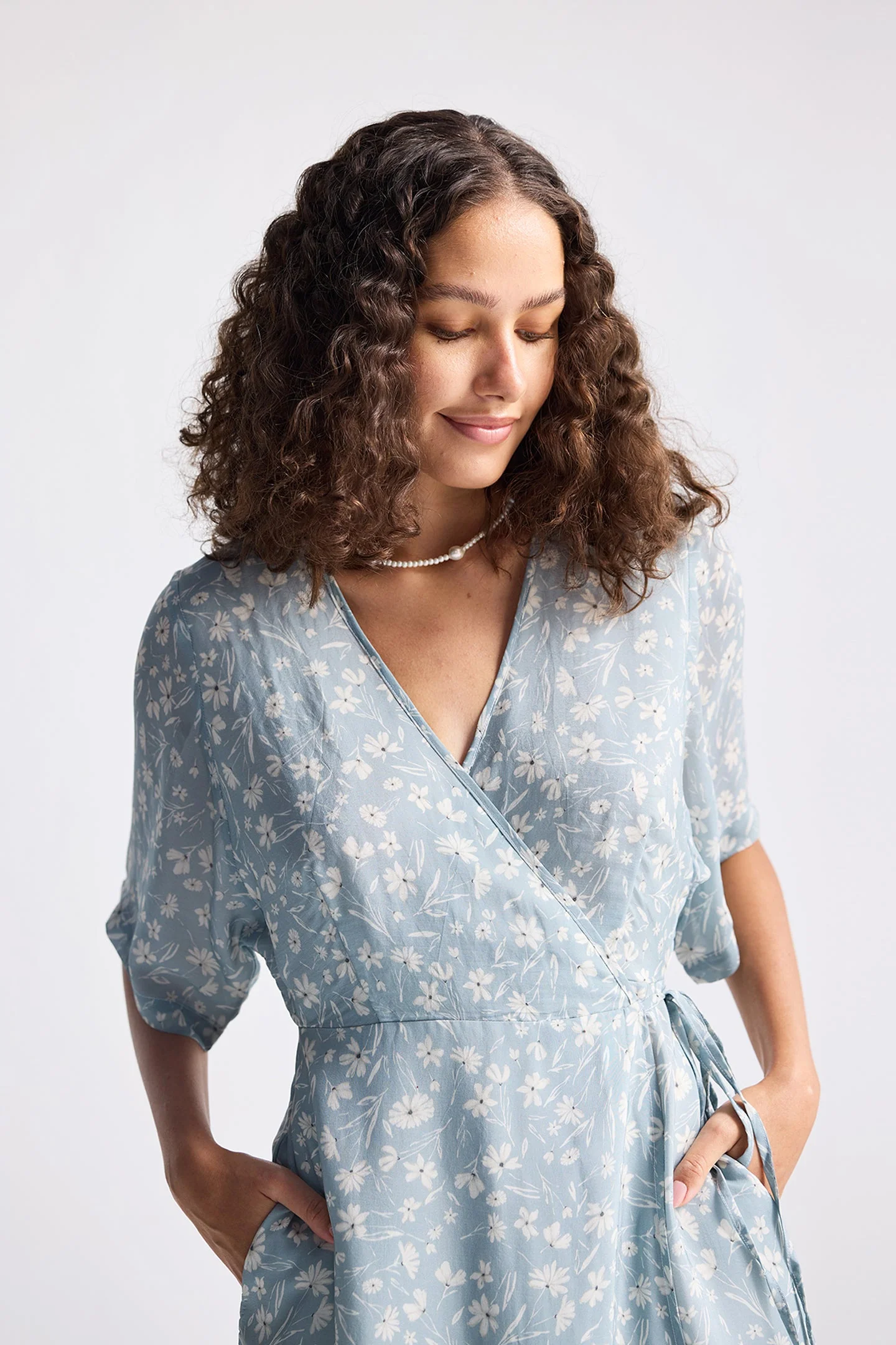 Maxi Wrap Dress in Light Blue Florals - Image 2