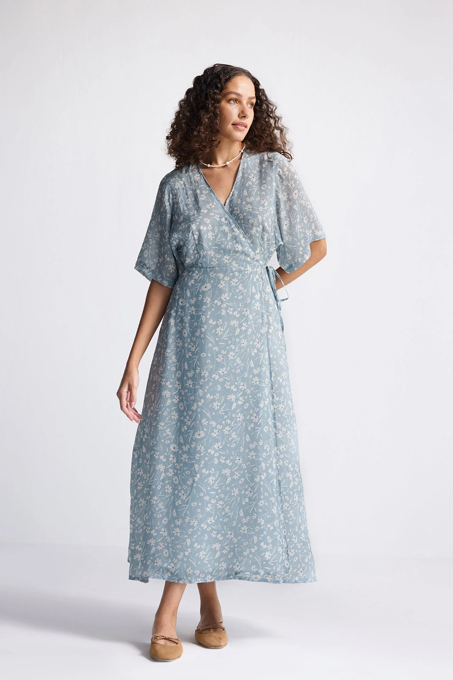 Maxi Wrap Dress in Light Blue Florals - Image 3