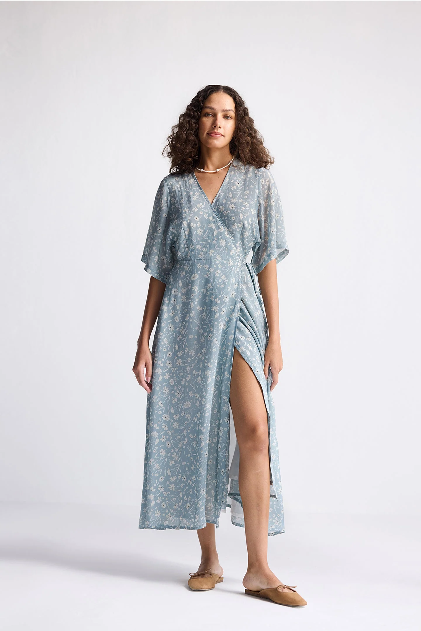 Maxi Wrap Dress in Light Blue Florals - Image 4
