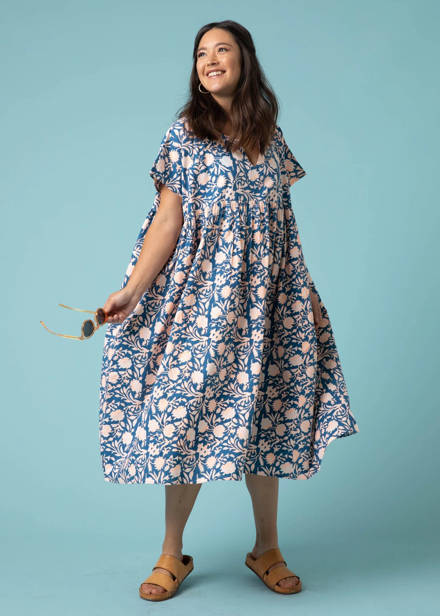 Meadow Dress - Floral Escape in True Navy & Neon Peach - Image 3