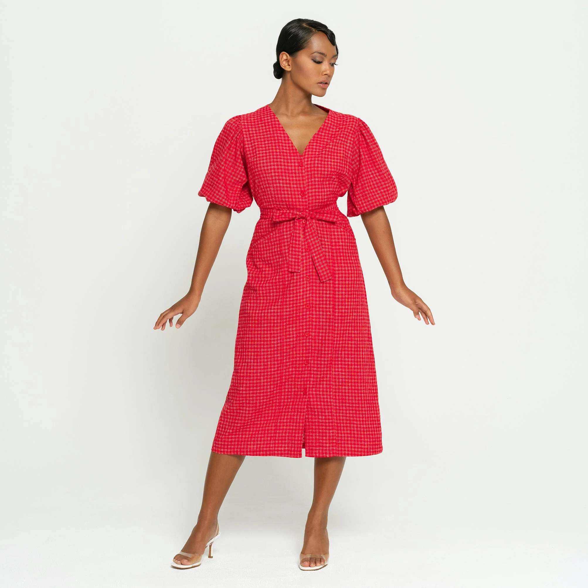 MEGHAN Gingham Hemp Midi Dress In Scarlet Red - Image 2