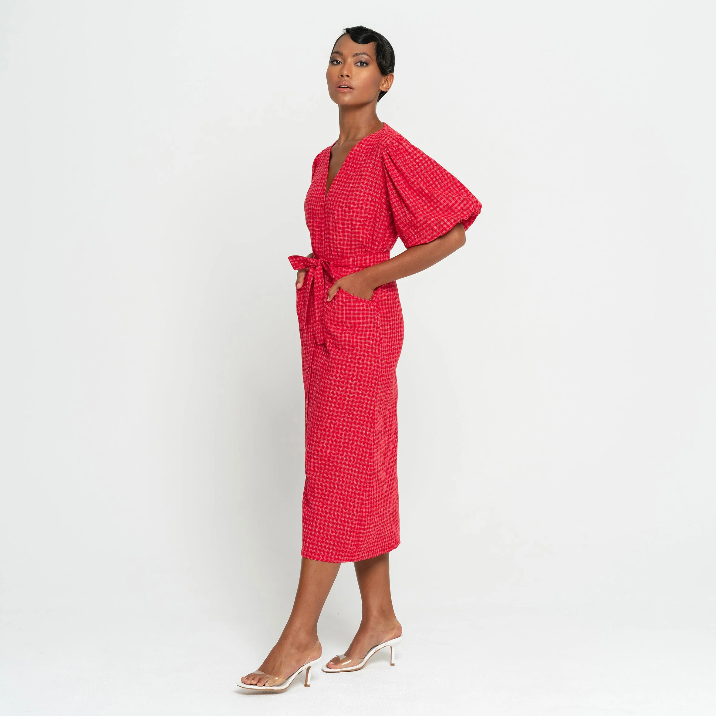 MEGHAN Gingham Hemp Midi Dress In Scarlet Red - Image 3