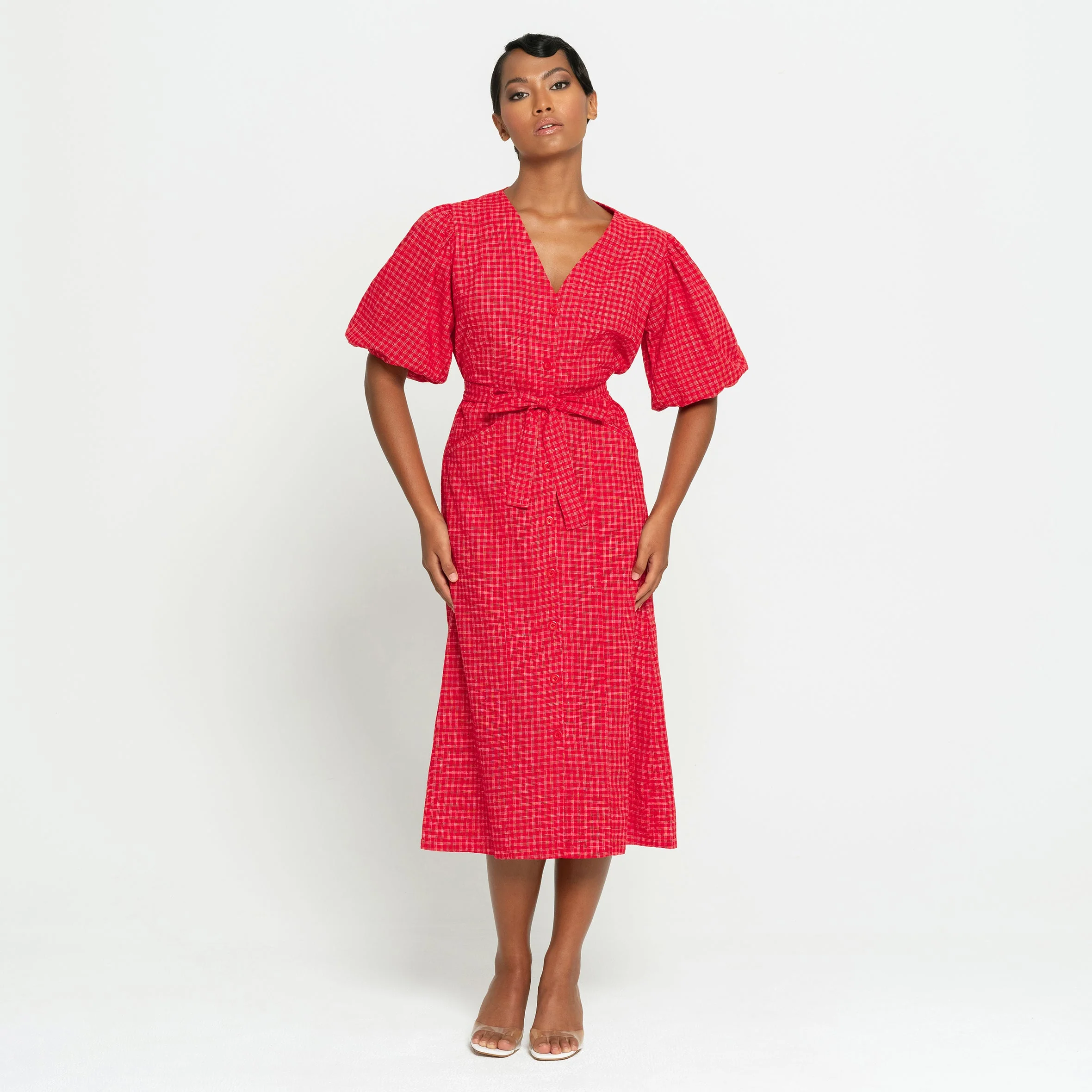 MEGHAN Gingham Hemp Midi Dress In Scarlet Red - Image 4