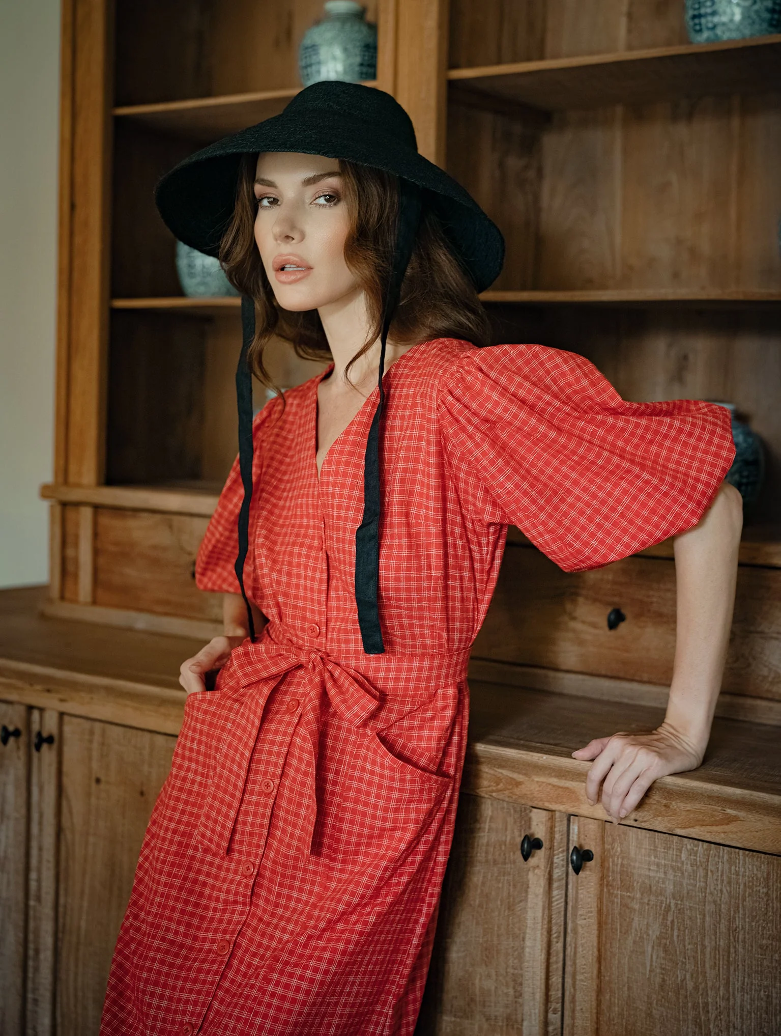 MEGHAN Gingham Hemp Midi Dress In Scarlet Red - Image 5