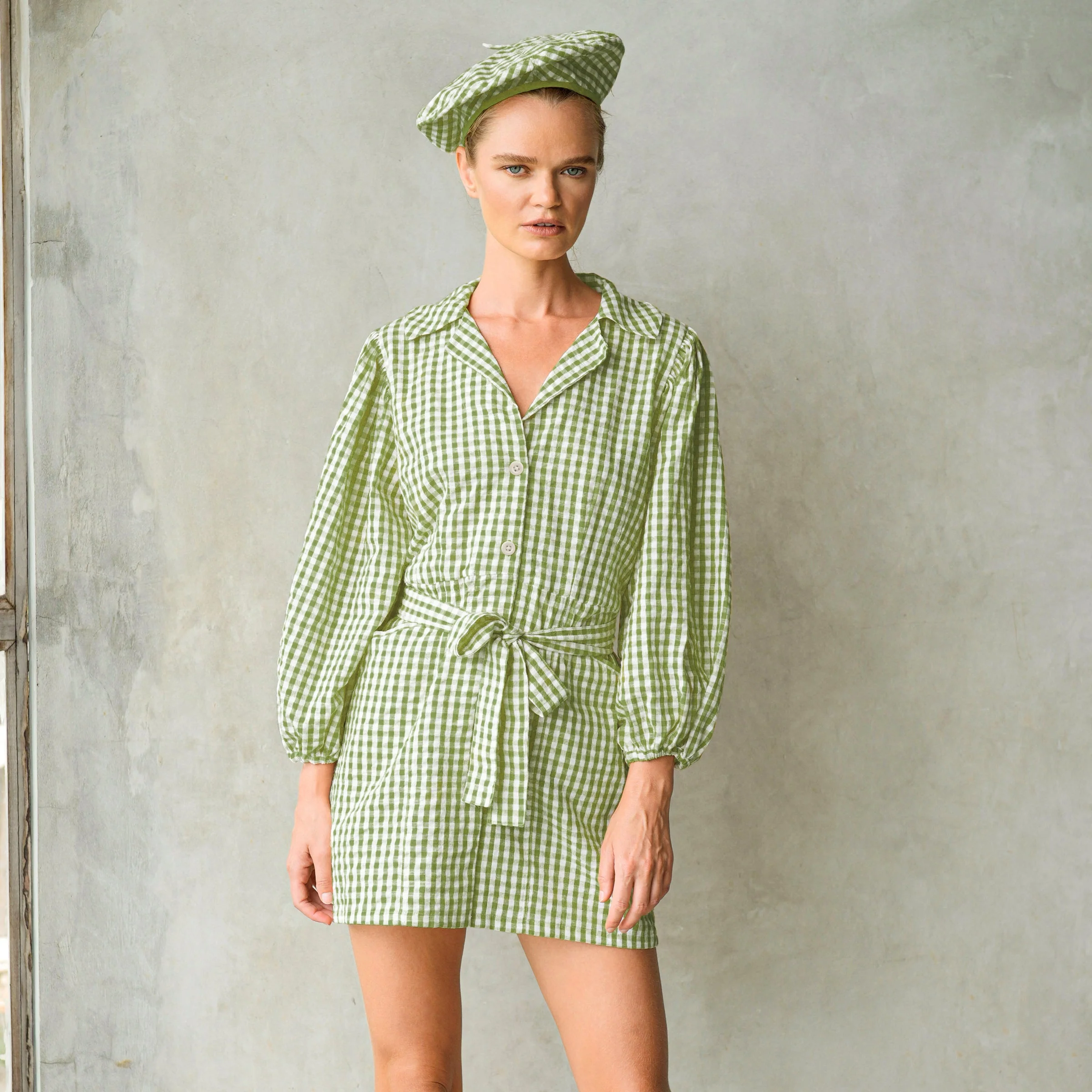 MEGHAN Mini Gingham Dress, in Olive Green - Image 4