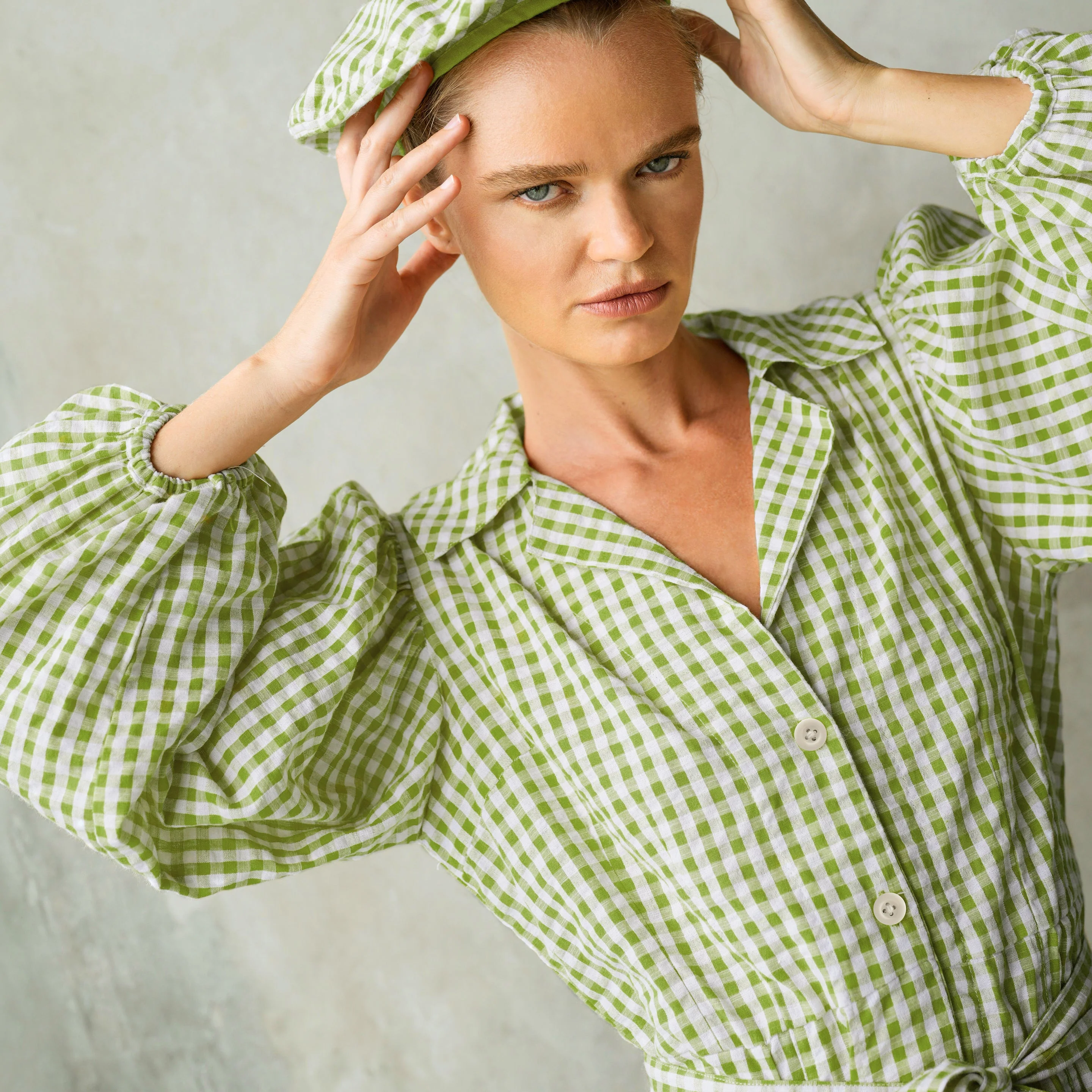 MEGHAN Mini Gingham Dress, in Olive Green - Image 6