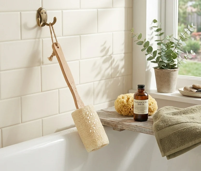 Natural Loofah Bath Brush w/Long Handle. - Image 2