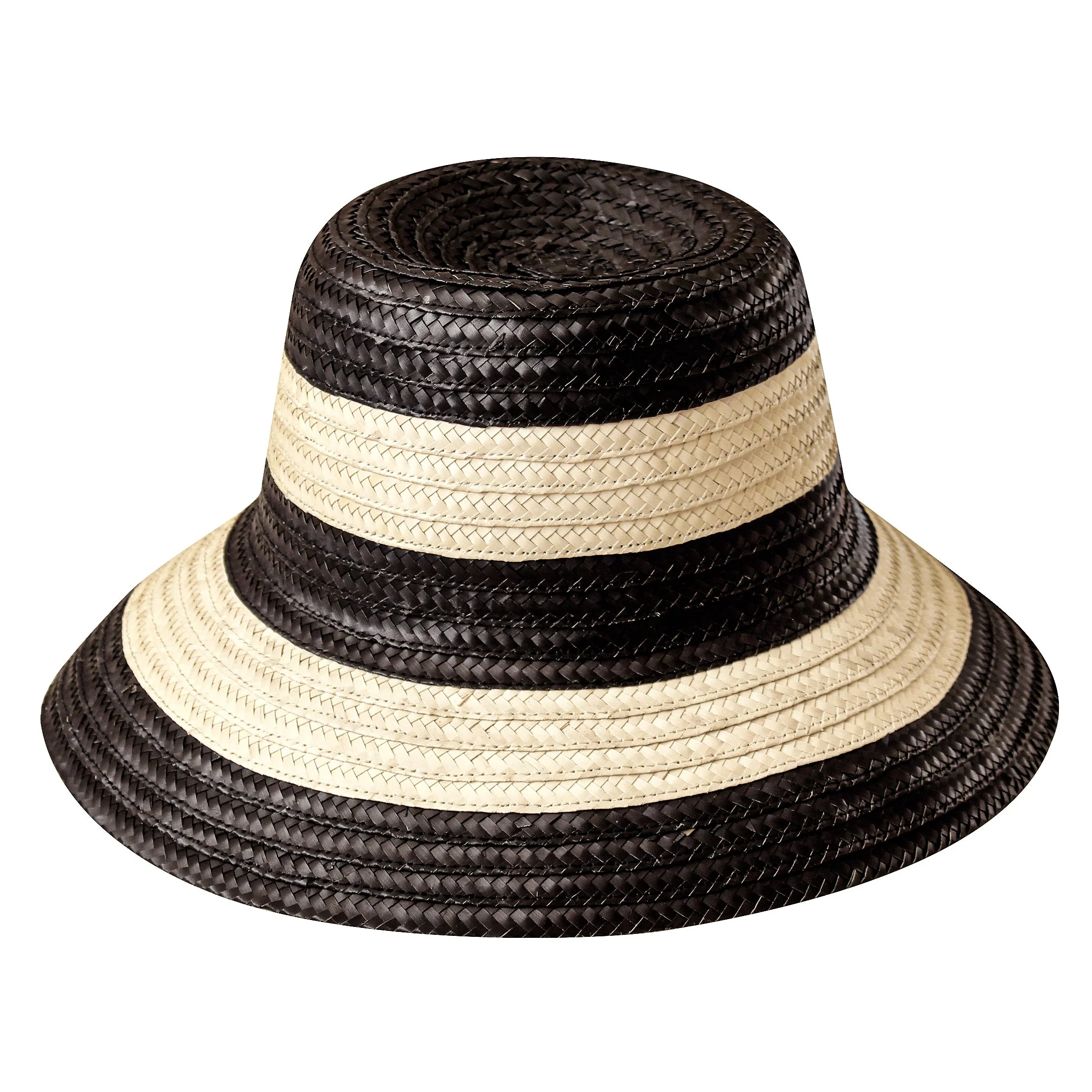 NONA Striped Bucket Palm Straw Hat In Black and Natural - Image 2
