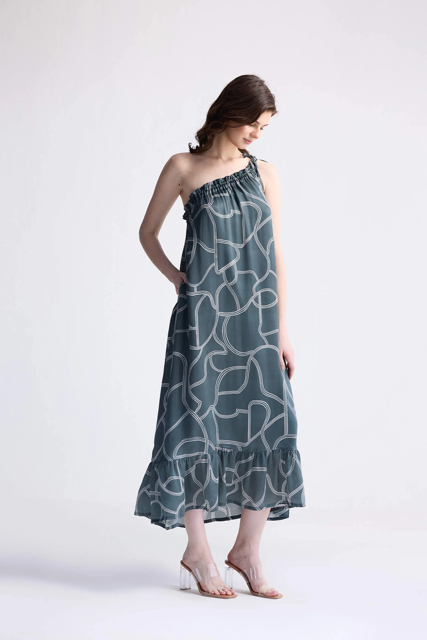 One Shoulder Maxi Dress in Abstract Stripes - Image 4
