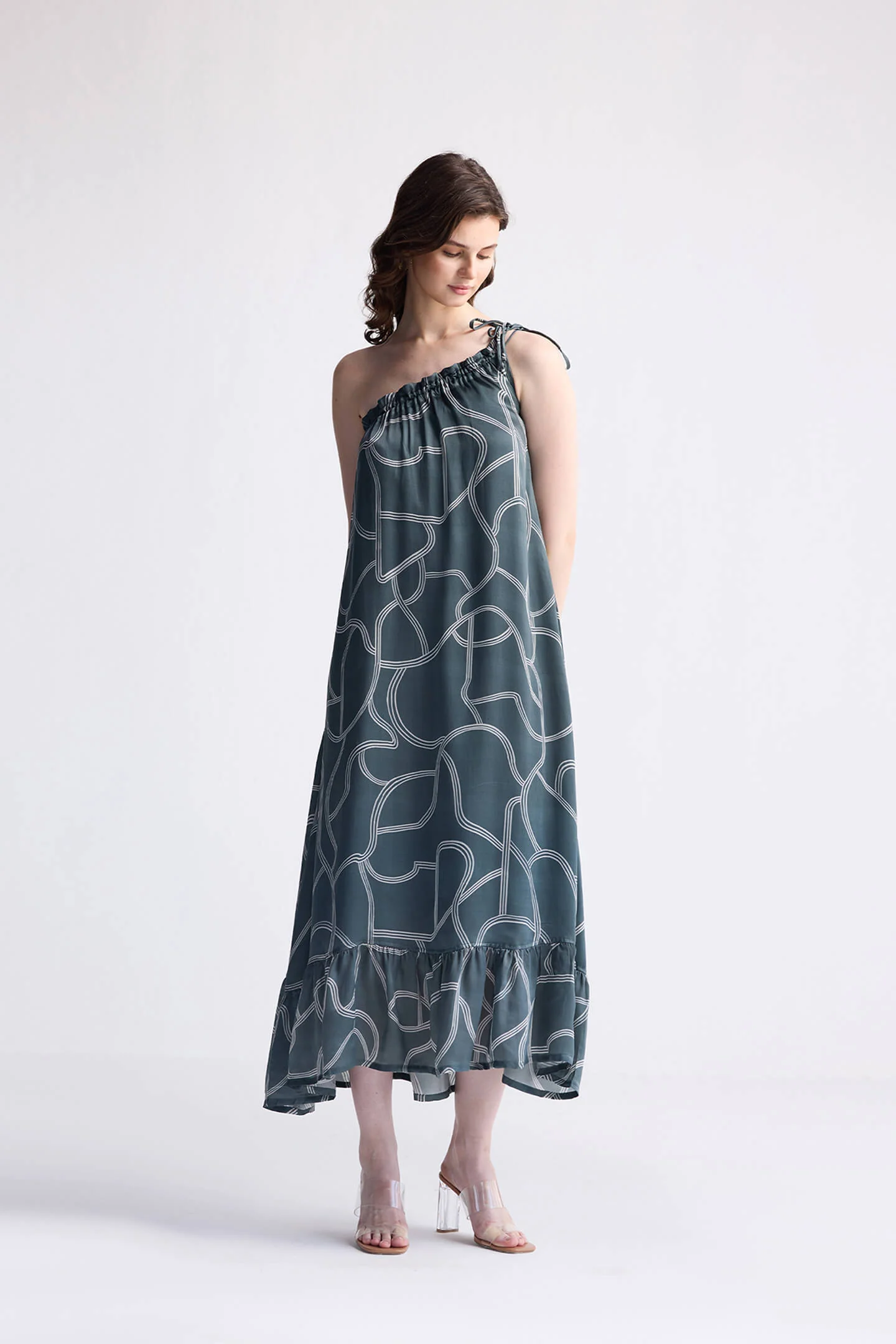 One Shoulder Maxi Dress in Abstract Stripes - Image 6