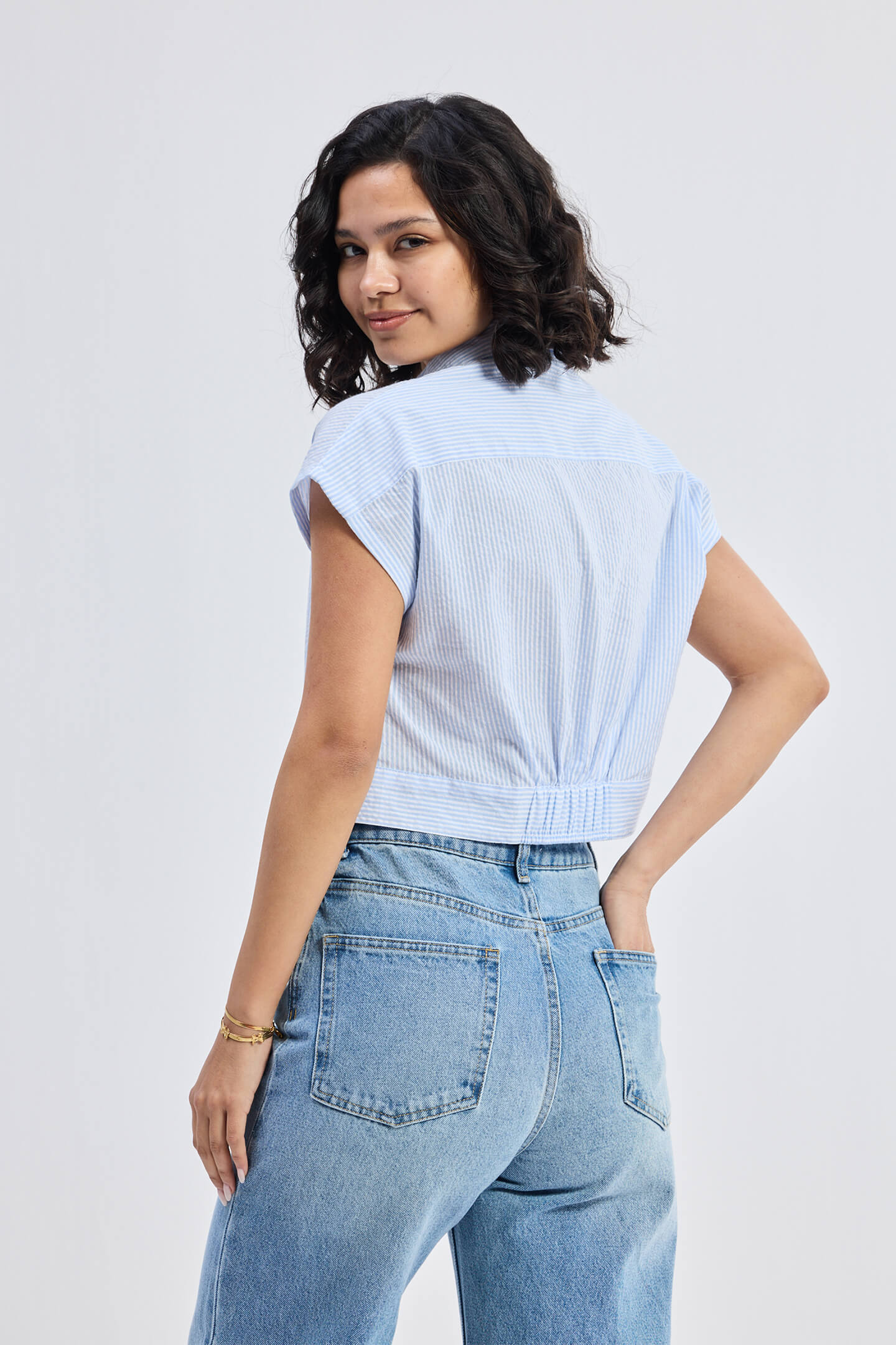 Oversized Crop Shirt in Classic Stripes - Image 2