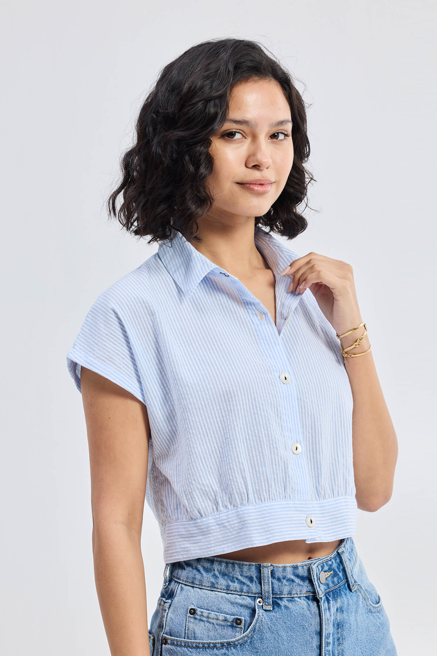 Oversized Crop Shirt in Classic Stripes - Image 3