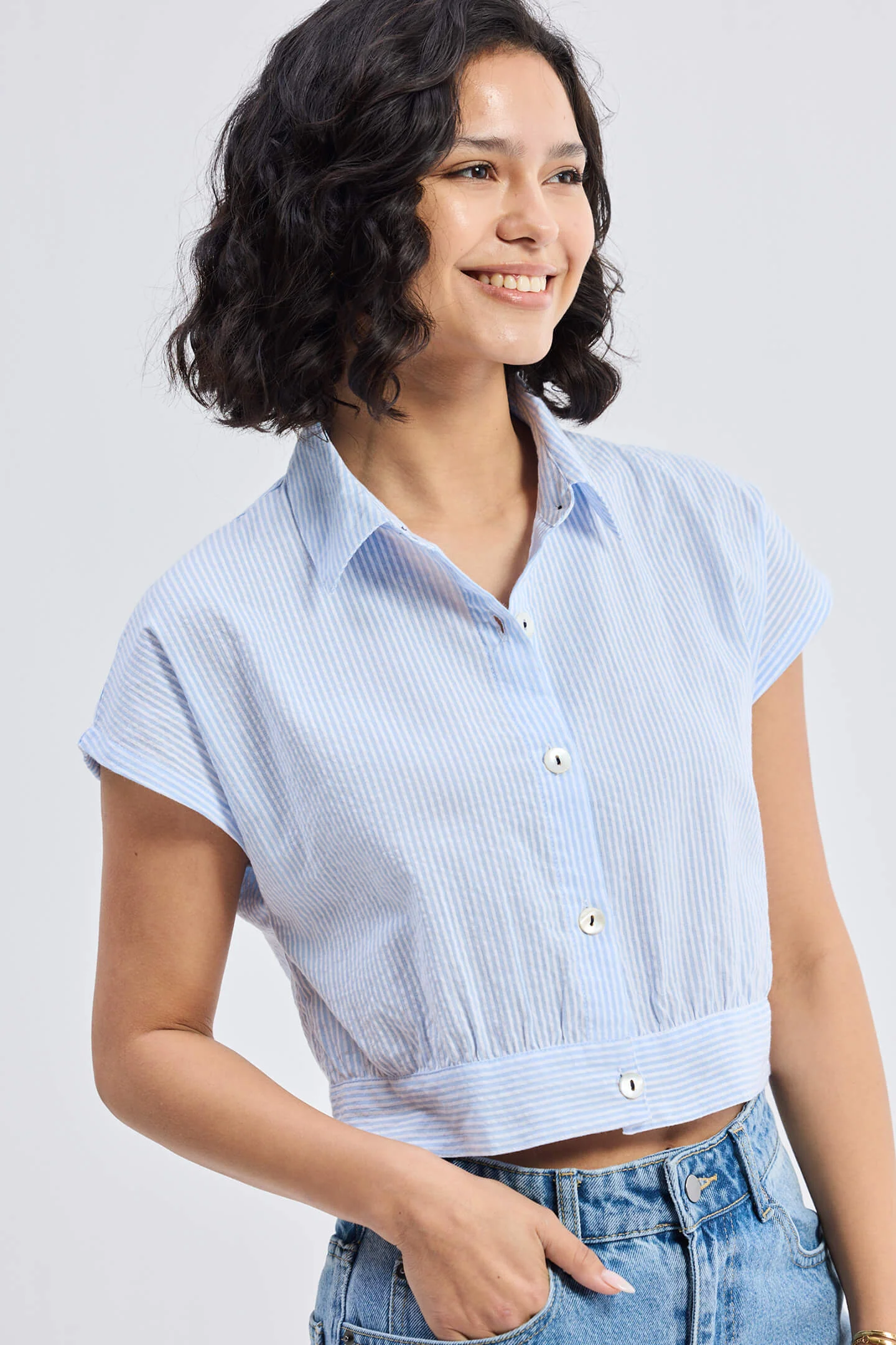 Oversized Crop Shirt in Classic Stripes - Image 9
