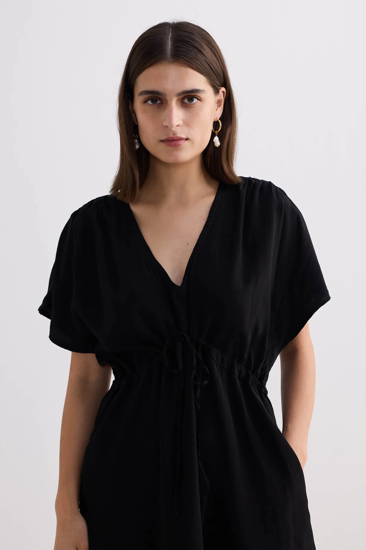 Oversized Gathered Short Dress in Black - Image 3