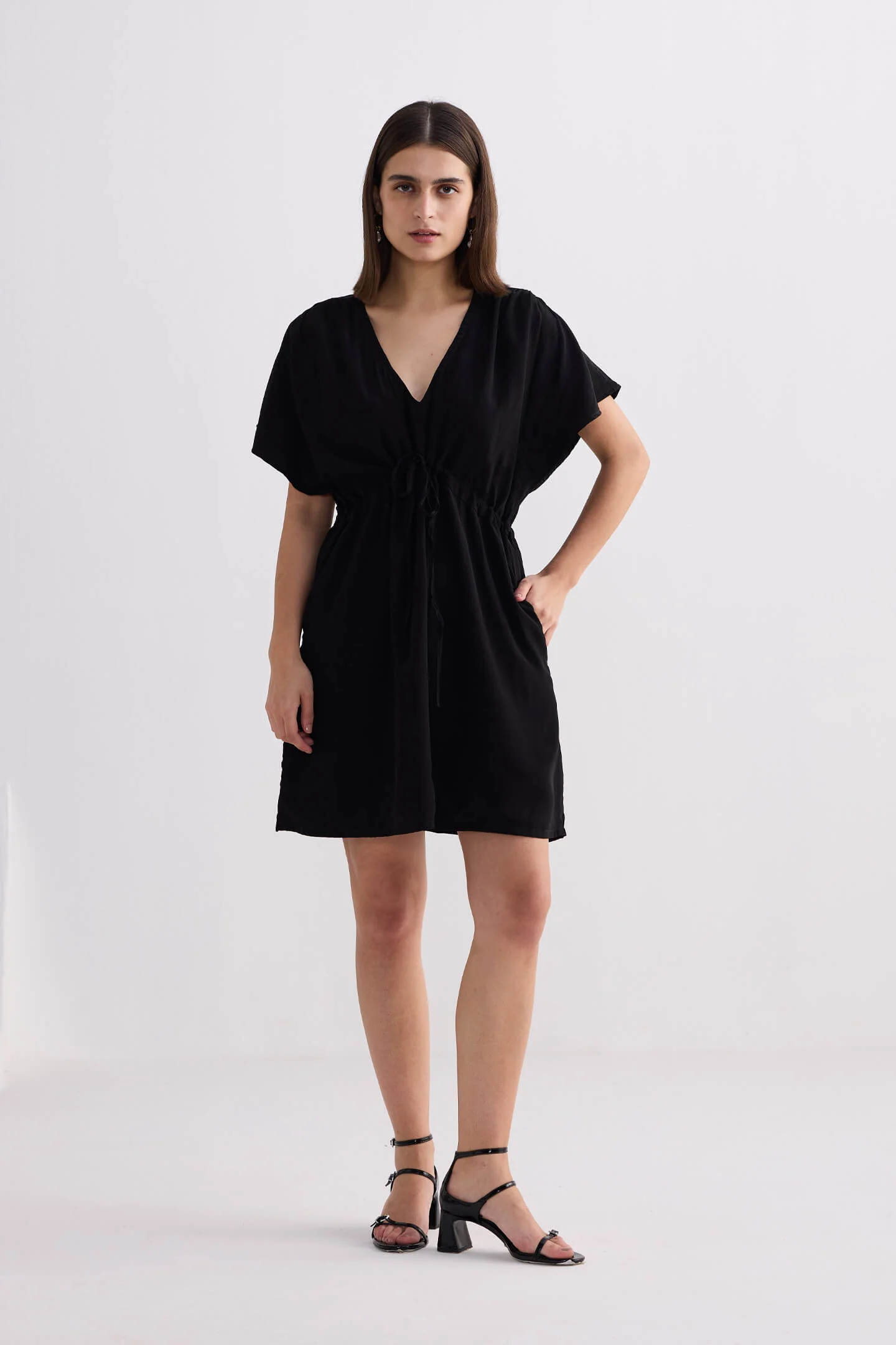 Oversized Gathered Short Dress in Black - Image 5