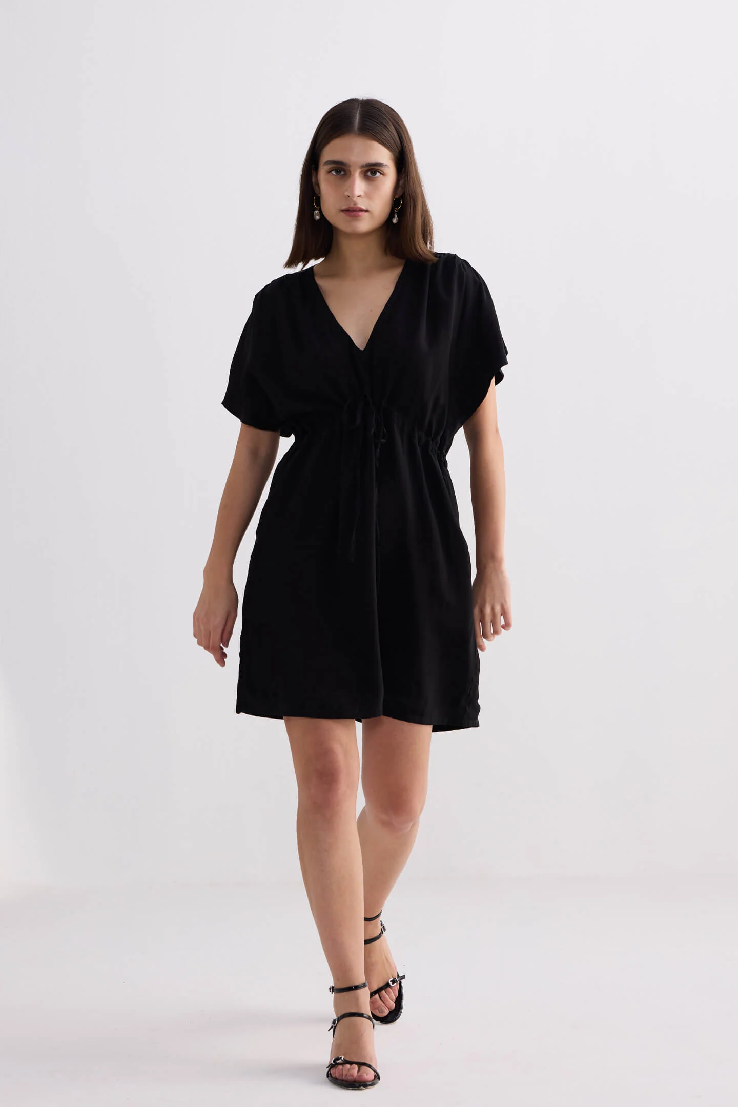 Oversized Gathered Short Dress in Black - Image 6