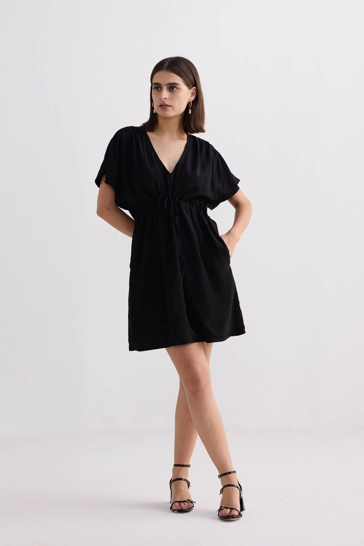 Oversized Gathered Short Dress in Black - Image 7