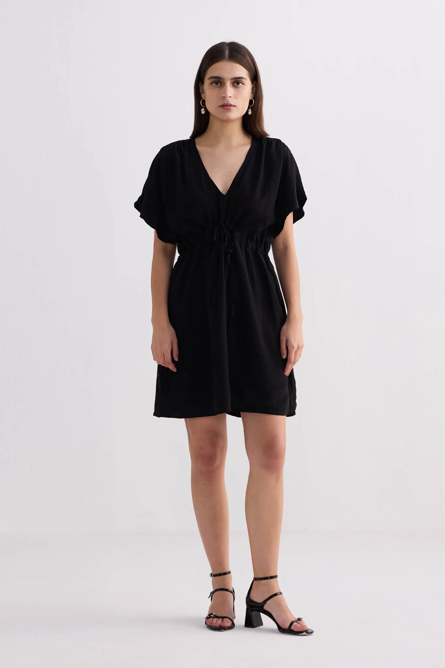 Oversized Gathered Short Dress in Black - Image 8