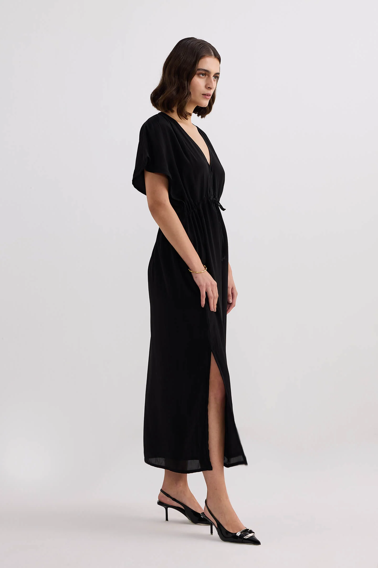 Oversized Gathered V-neck Maxi Dress in Black - Image 10