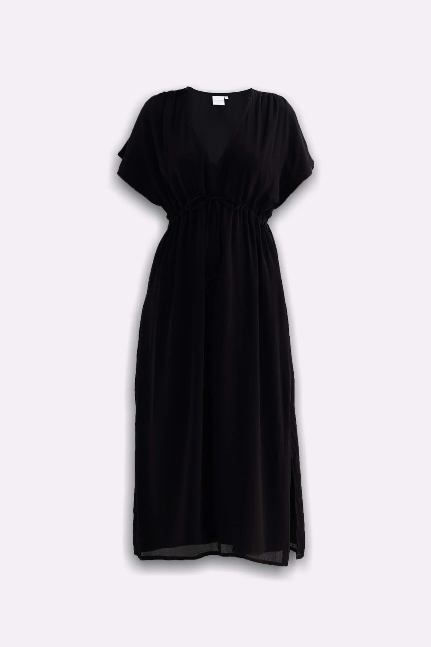 Oversized Gathered V-neck Maxi Dress in Black - Image 11