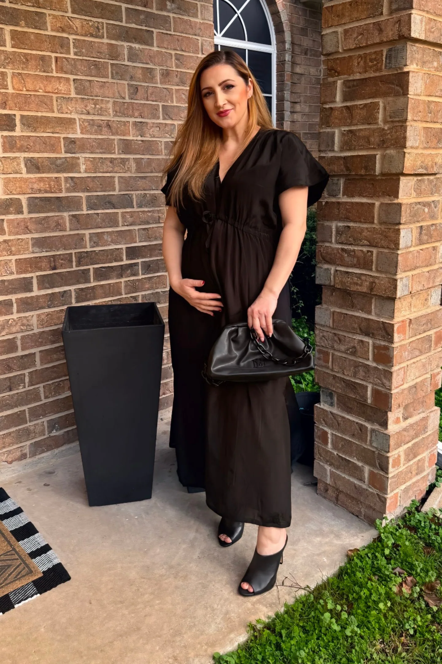 Oversized Gathered V-neck Maxi Dress in Black - Image 12