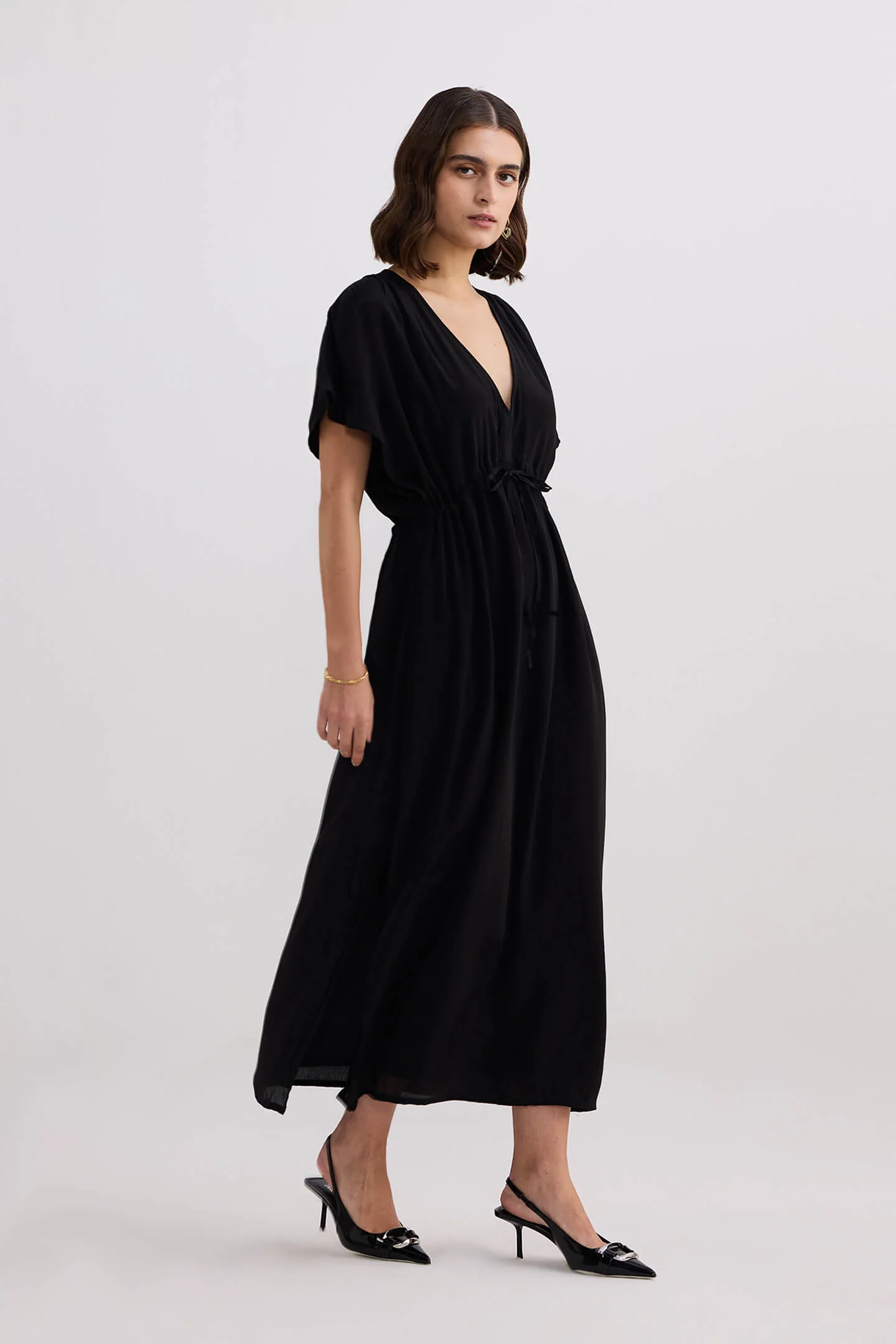 Oversized Gathered V-neck Maxi Dress in Black - Image 3
