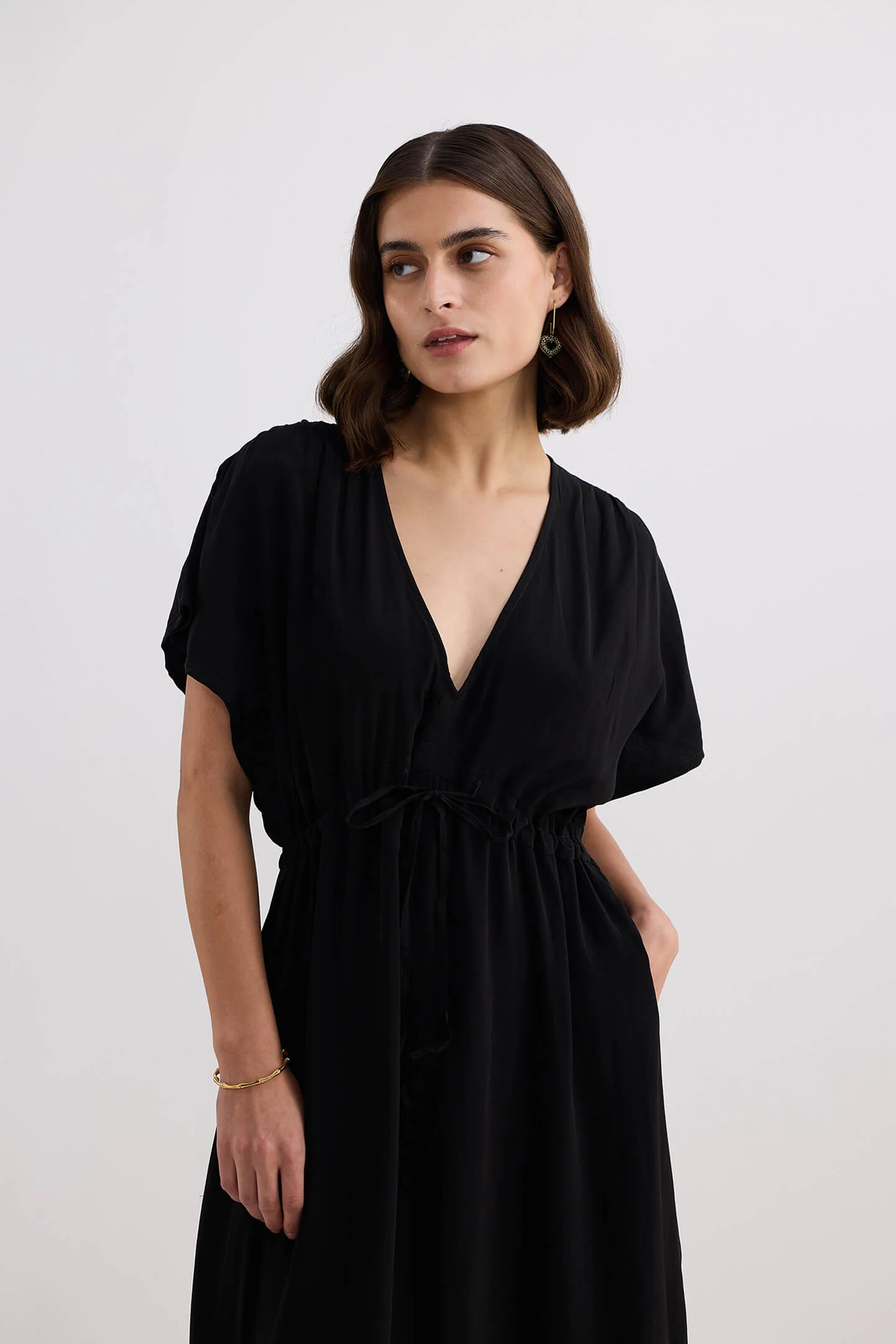 Oversized Gathered V-neck Maxi Dress in Black - Image 4