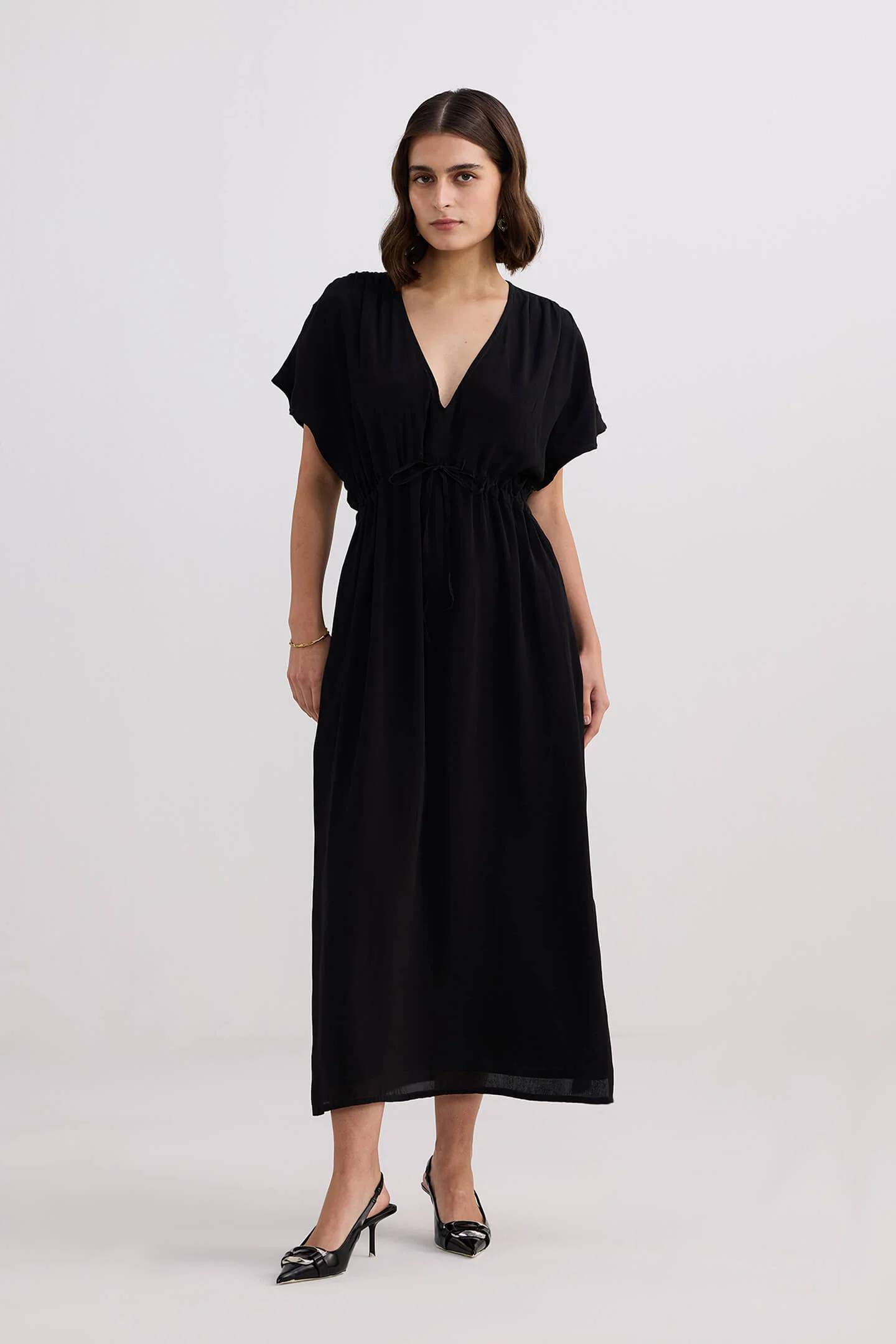 Oversized Gathered V-neck Maxi Dress in Black - Image 5