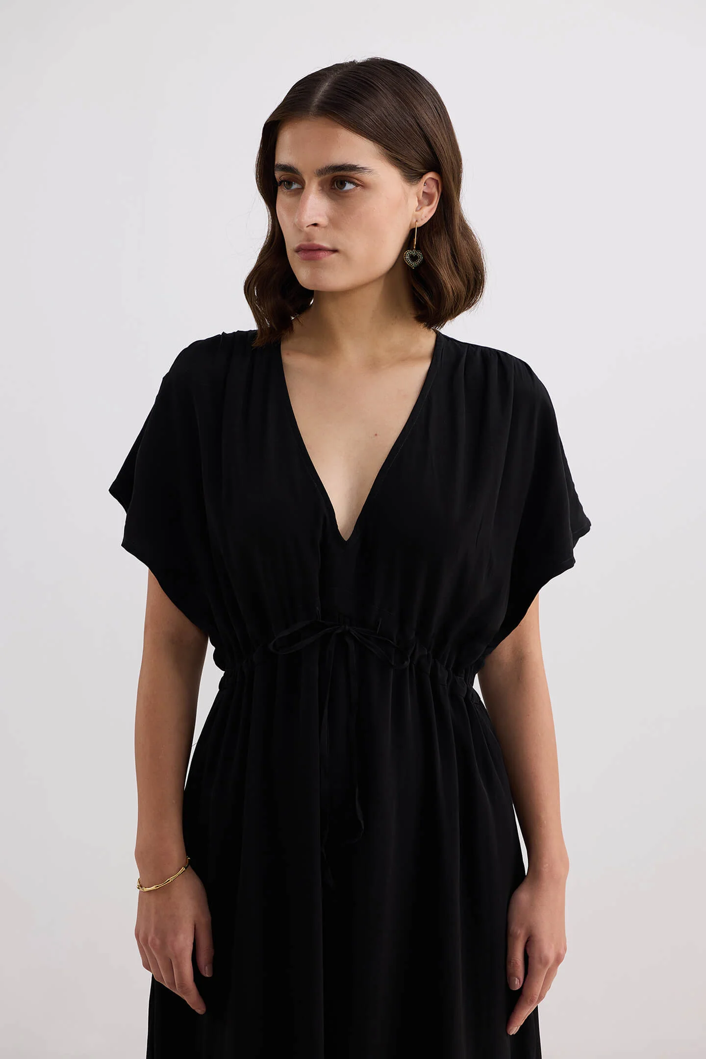 Oversized Gathered V-neck Maxi Dress in Black - Image 6