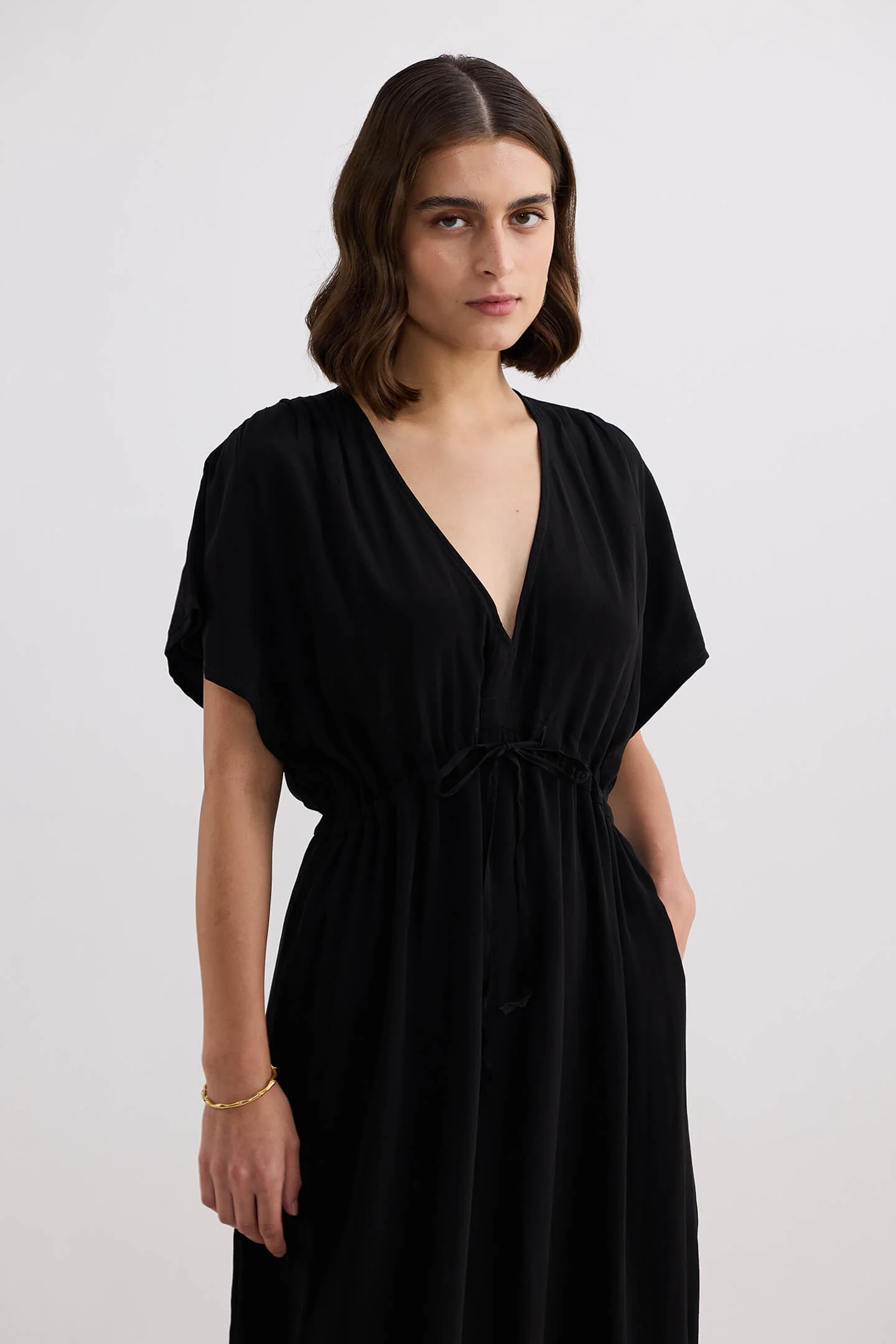 Oversized Gathered V-neck Maxi Dress in Black - Image 7