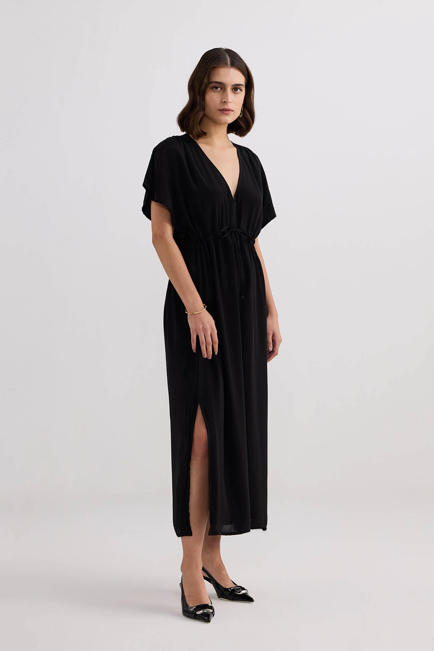 Oversized Gathered V-neck Maxi Dress in Black - Image 8