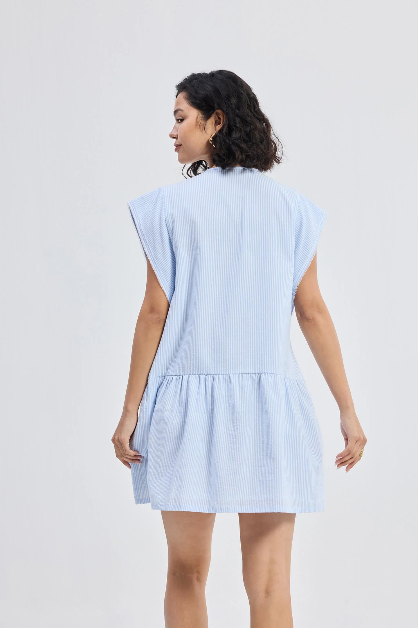 Oversized V neck Short Dress with Frayed Sleeves - Image 2