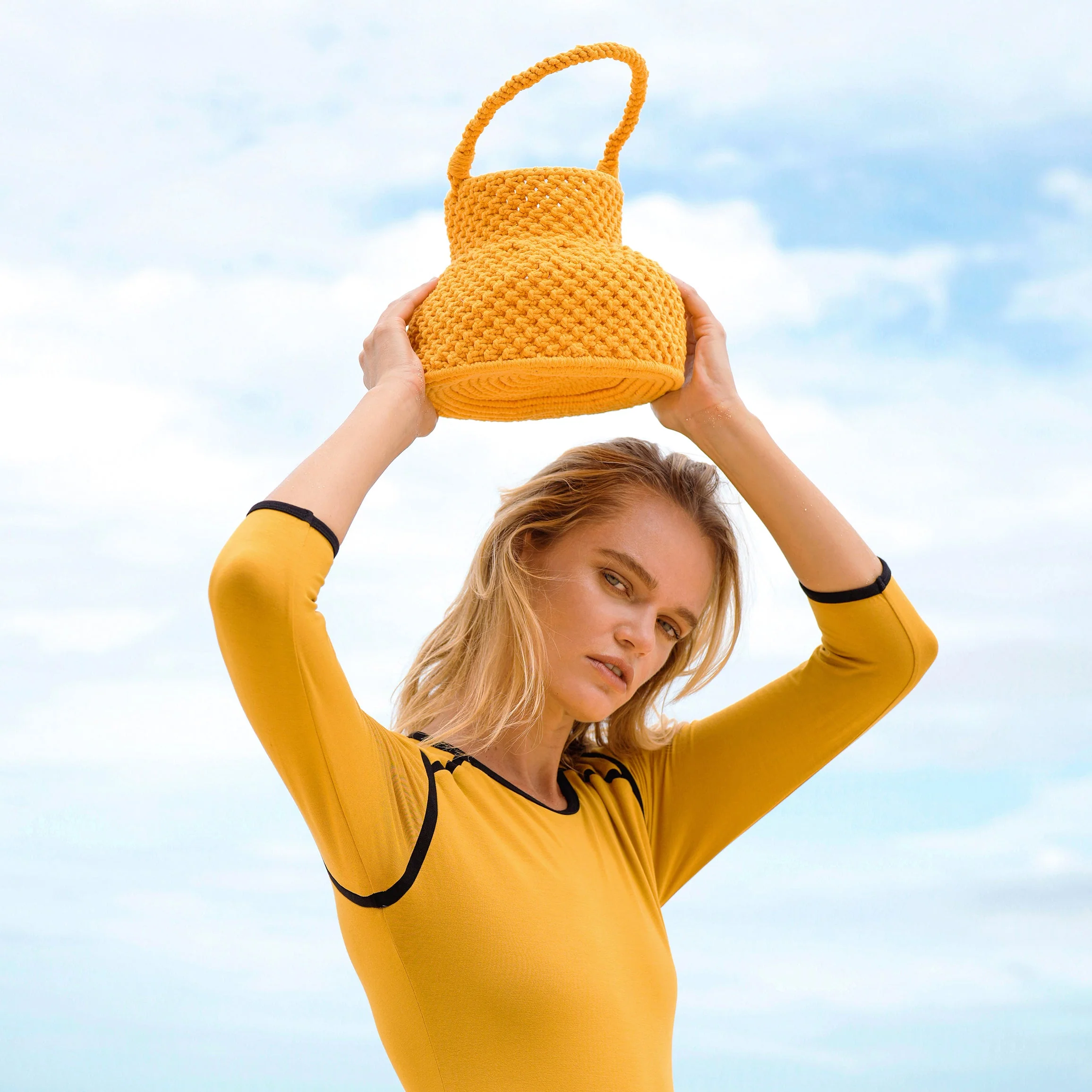 PETITE NAGA Macrame Vessel Basket Bag in Butter Yellow - Image 3