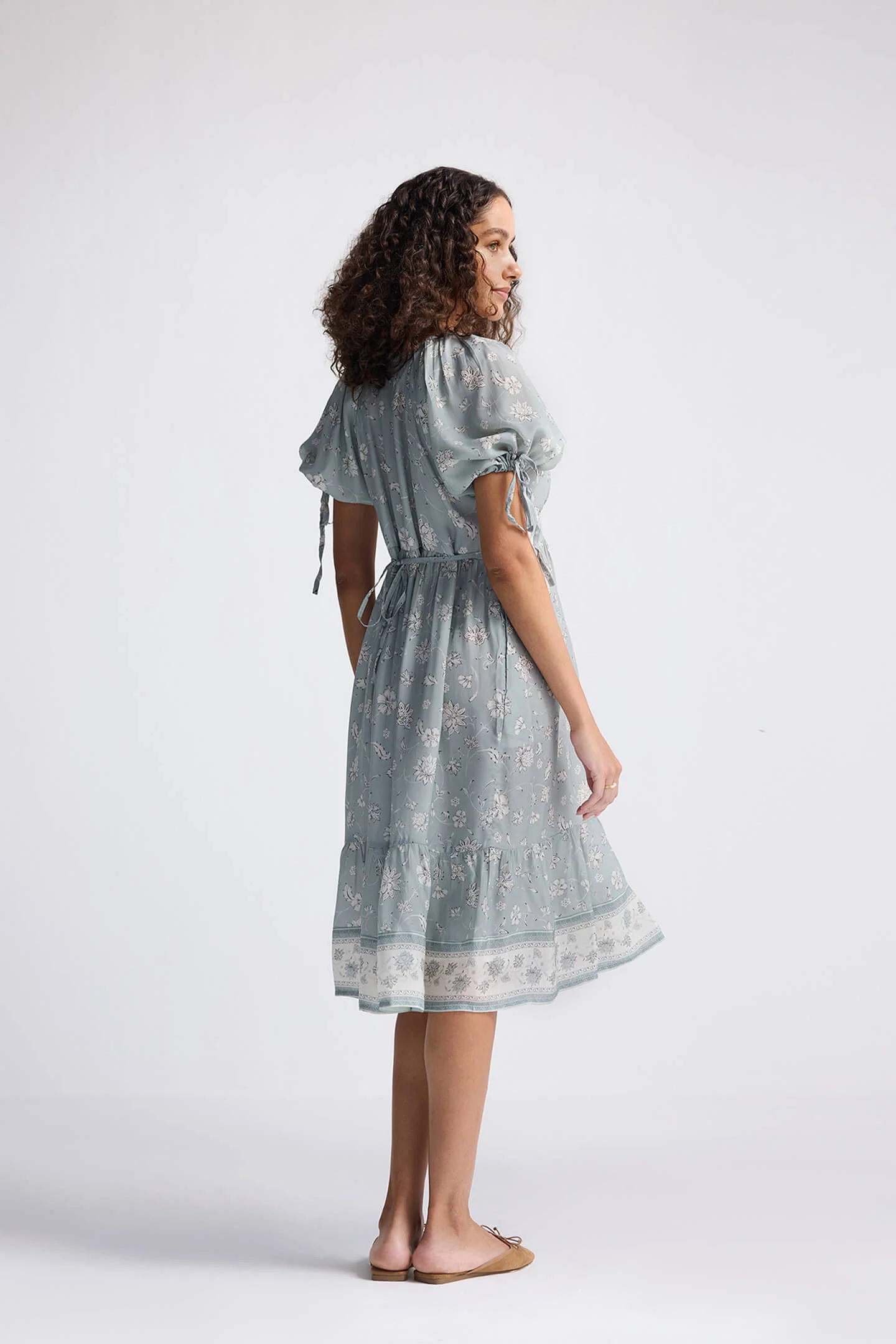 Puff Sleeve Midi Dress in Sage Green - Image 2