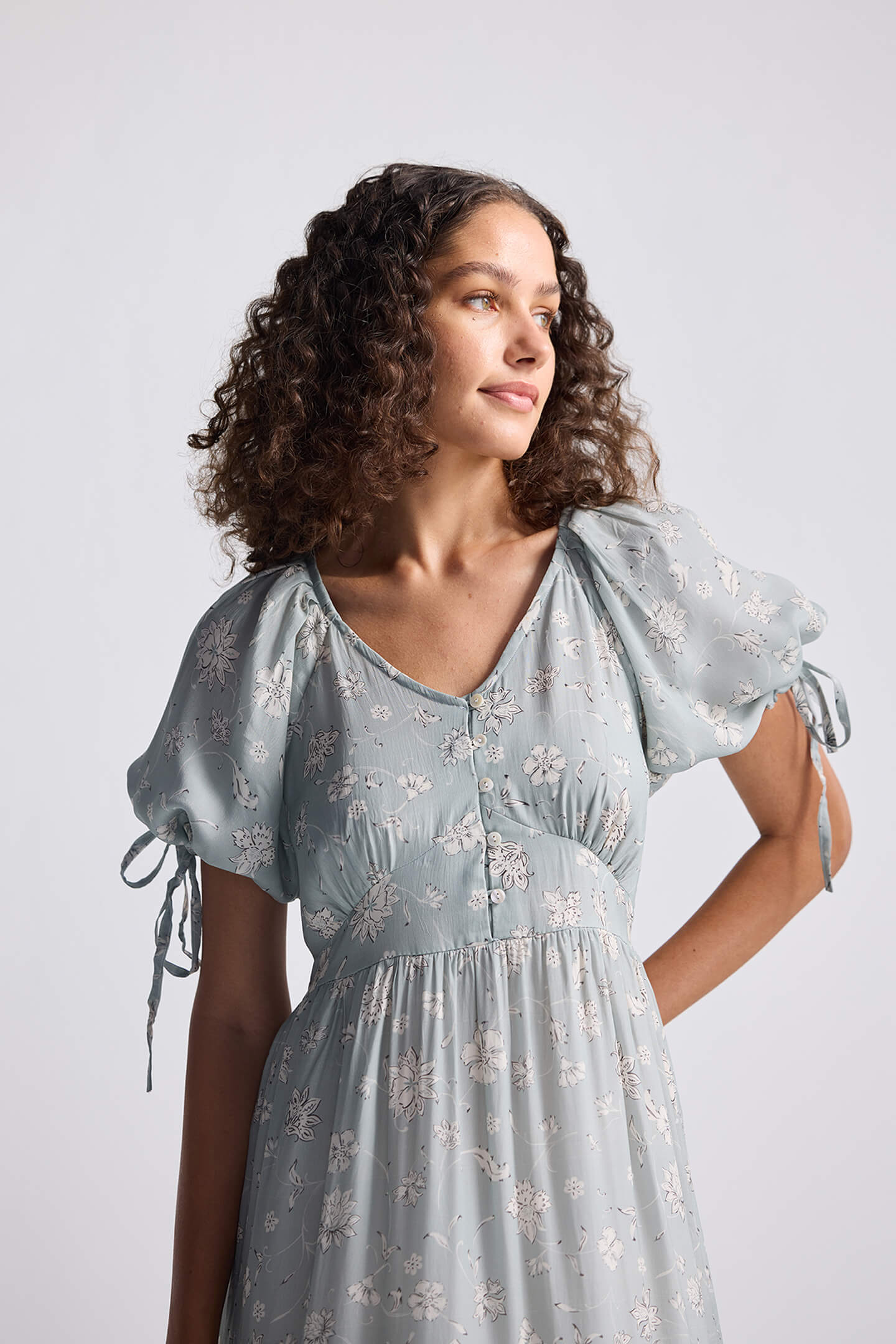 Puff Sleeve Midi Dress in Sage Green - Image 3