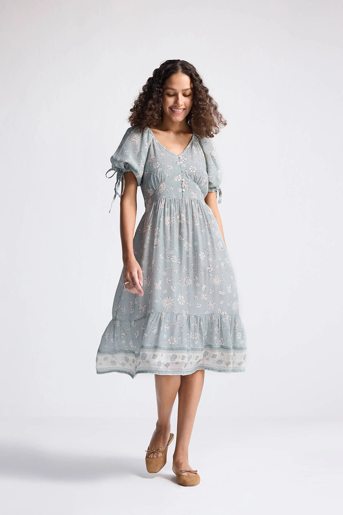 Puff Sleeve Midi Dress in Sage Green - Image 5