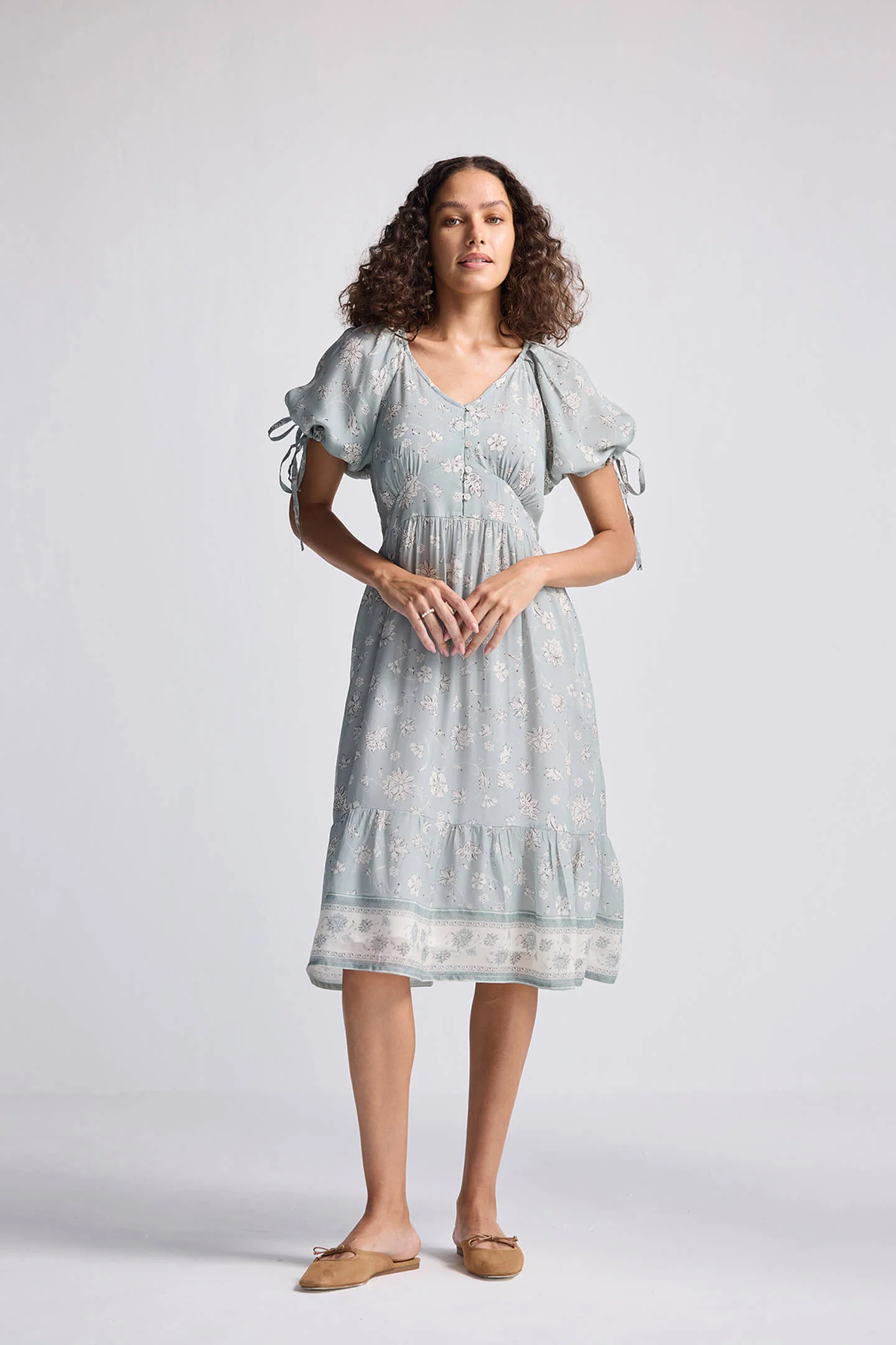Puff Sleeve Midi Dress in Sage Green - Image 7