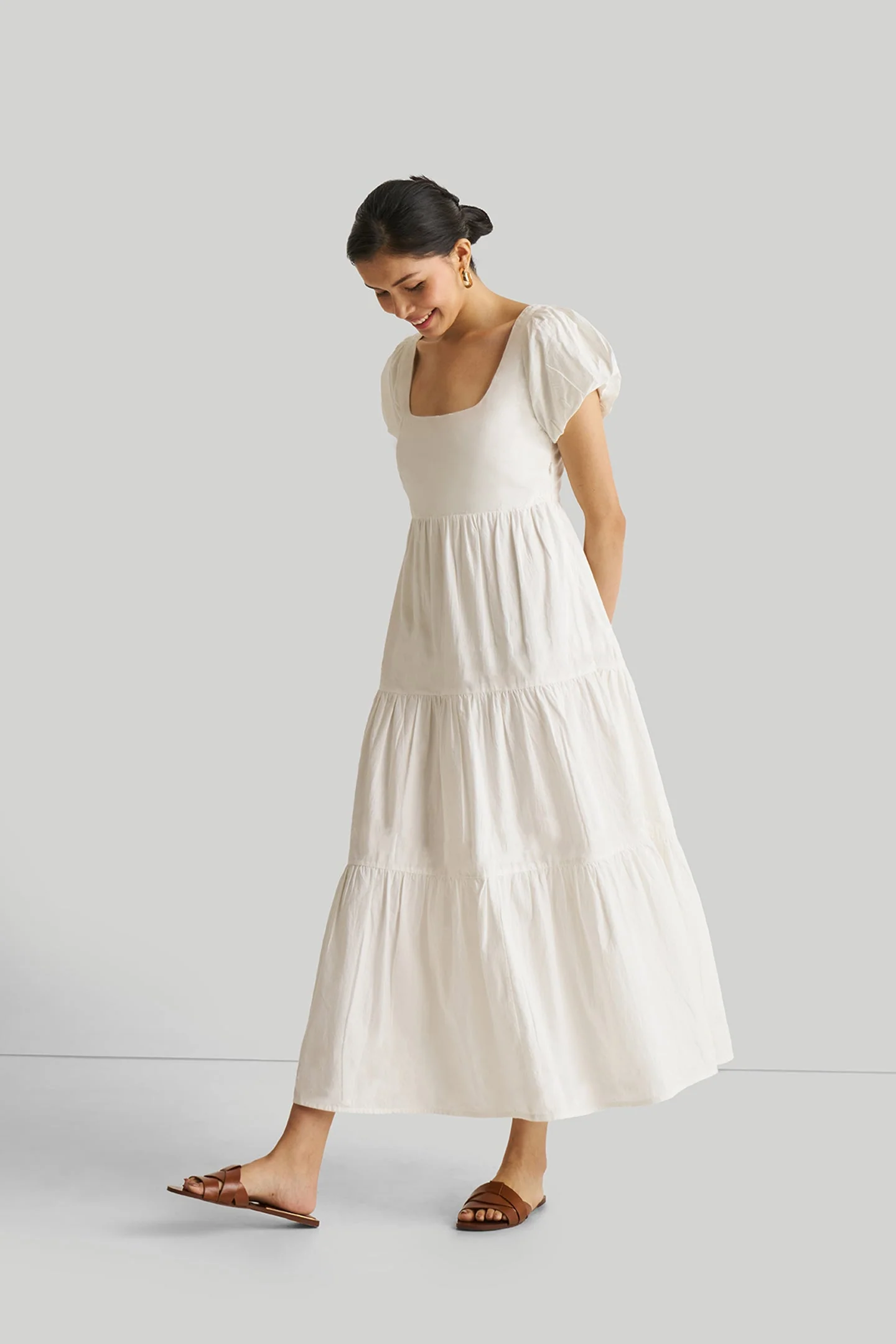 Puff Sleeve Tiered Dress in White - Image 4