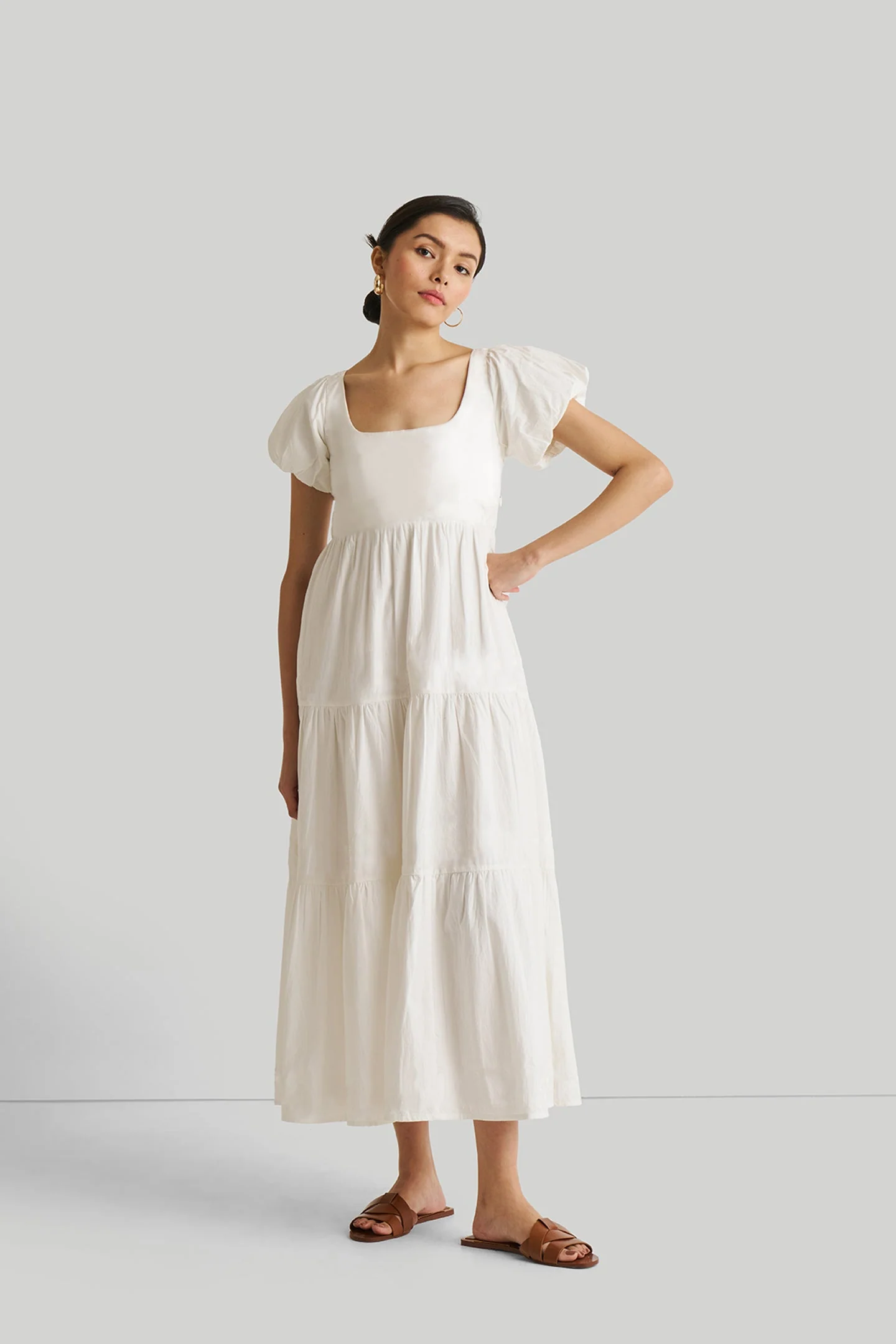 Puff Sleeve Tiered Dress in White - Image 5