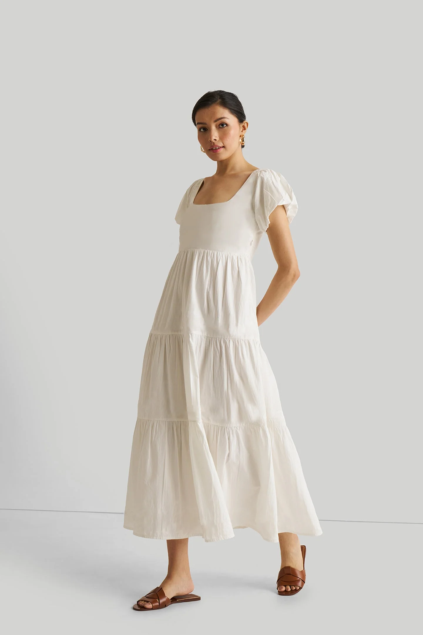 Puff Sleeve Tiered Dress in White - Image 6