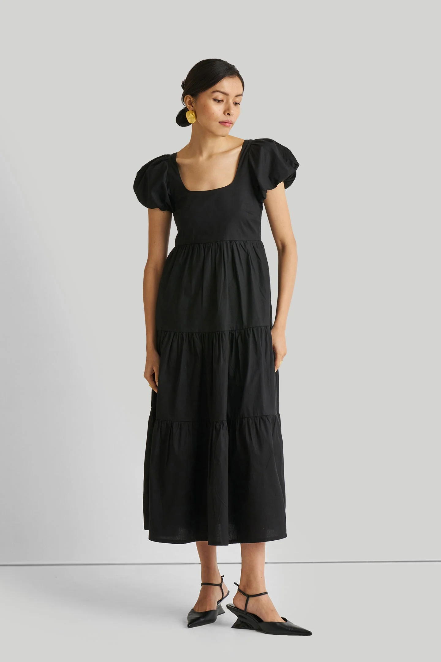 Puff Sleeve Tiered Maxi Dress in Black - Image 3
