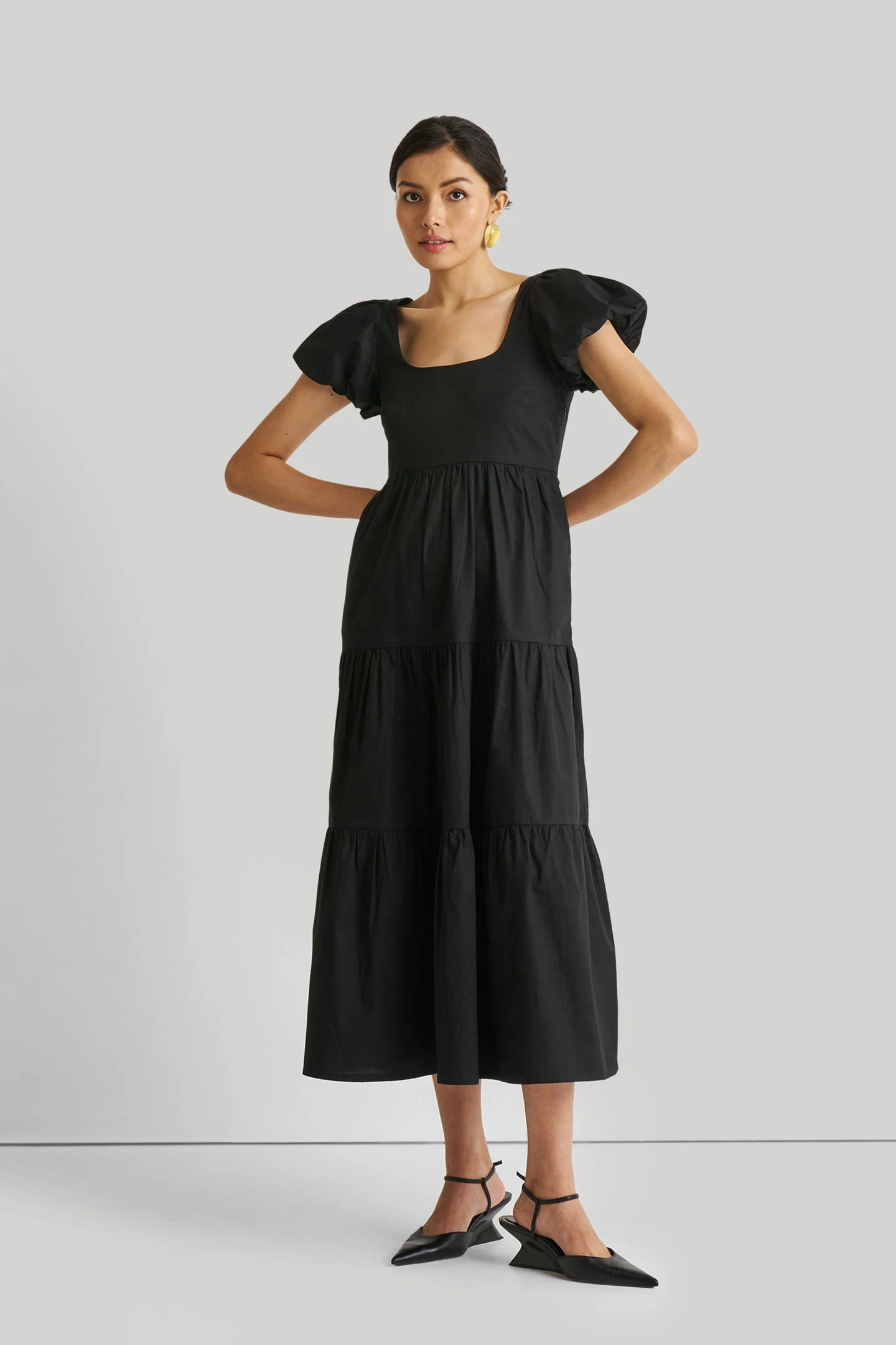 Puff Sleeve Tiered Maxi Dress in Black - Image 5