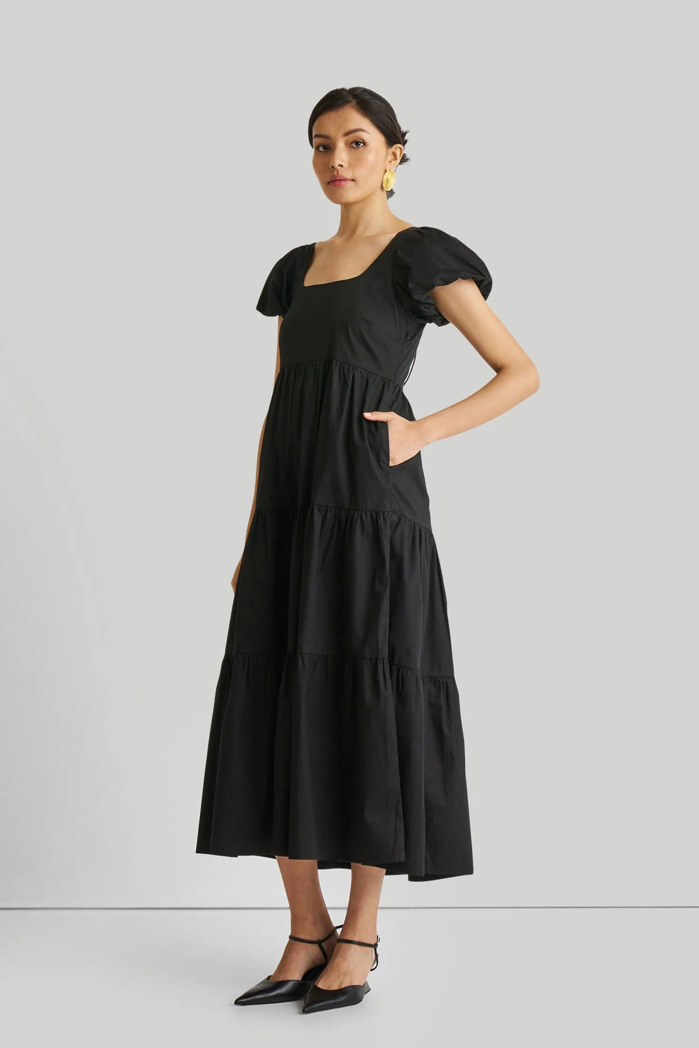 Puff Sleeve Tiered Maxi Dress in Black - Image 6