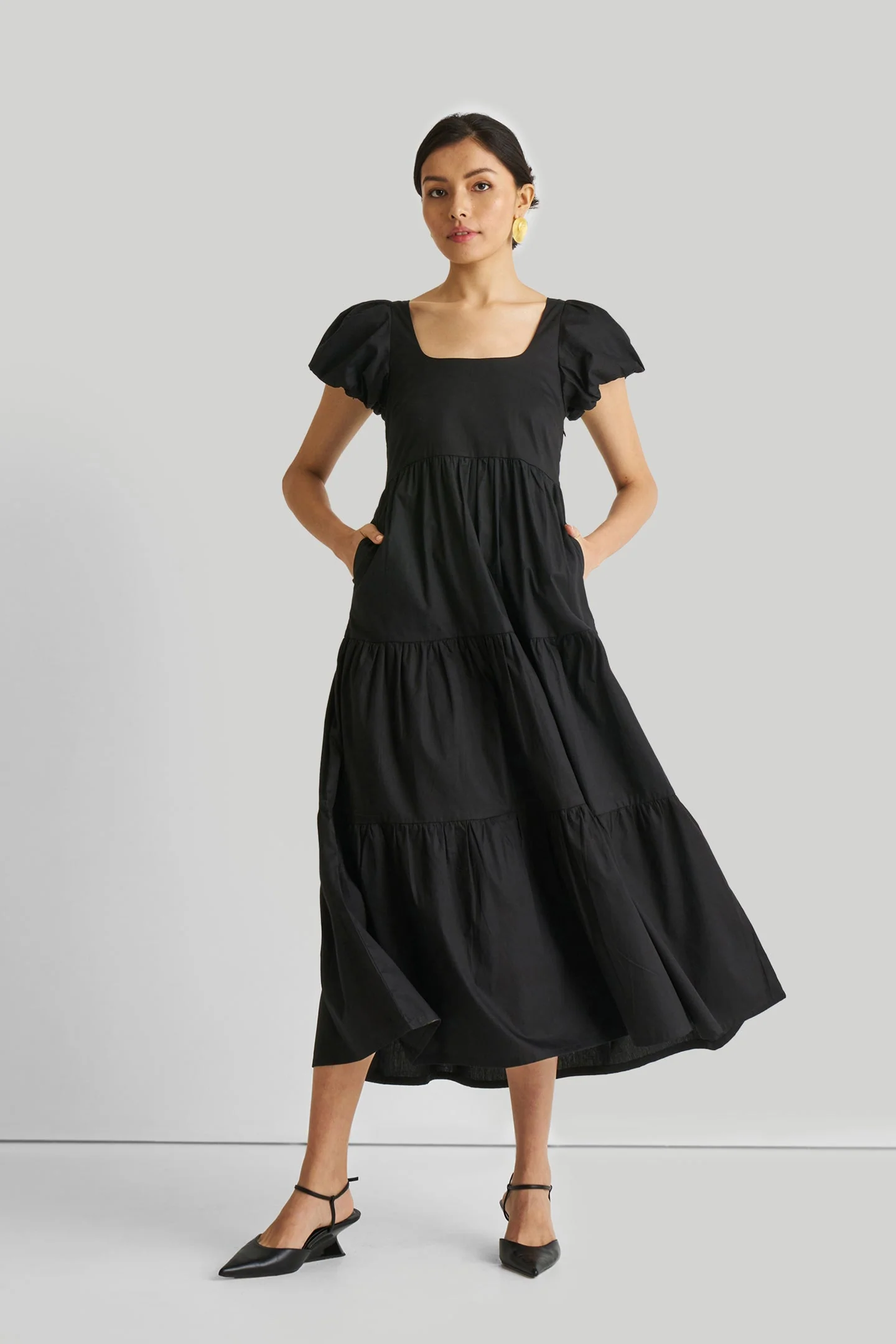 Puff Sleeve Tiered Maxi Dress in Black - Image 8