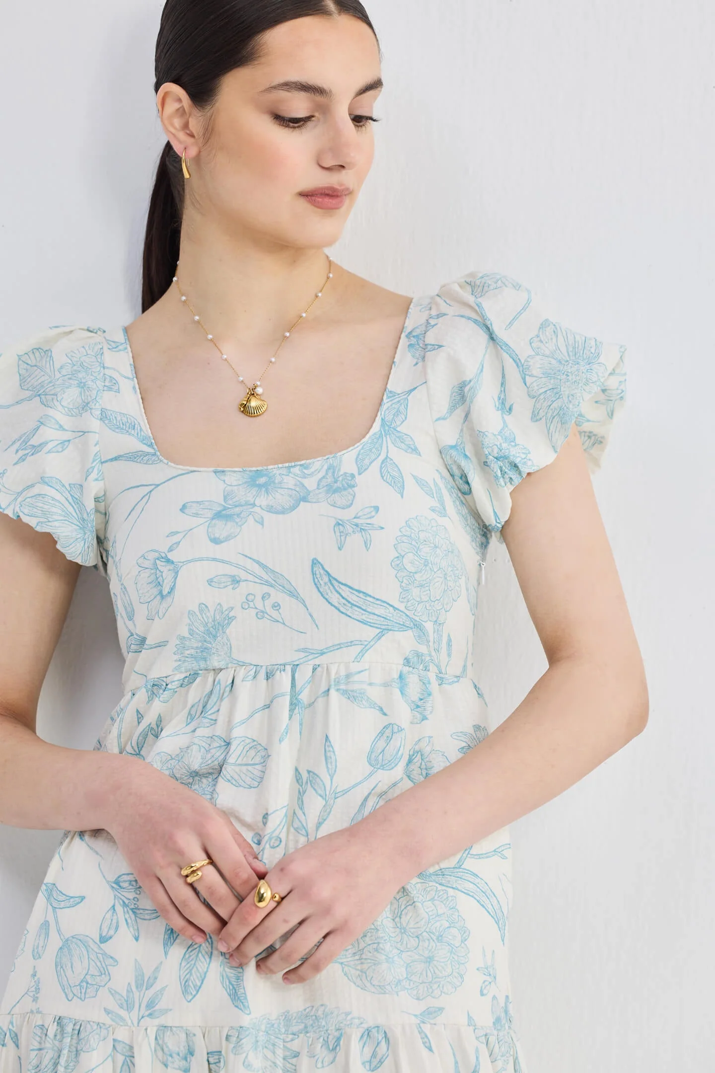 Puff Sleeve Tiered Maxi Dress in Blue Florals - Image 11