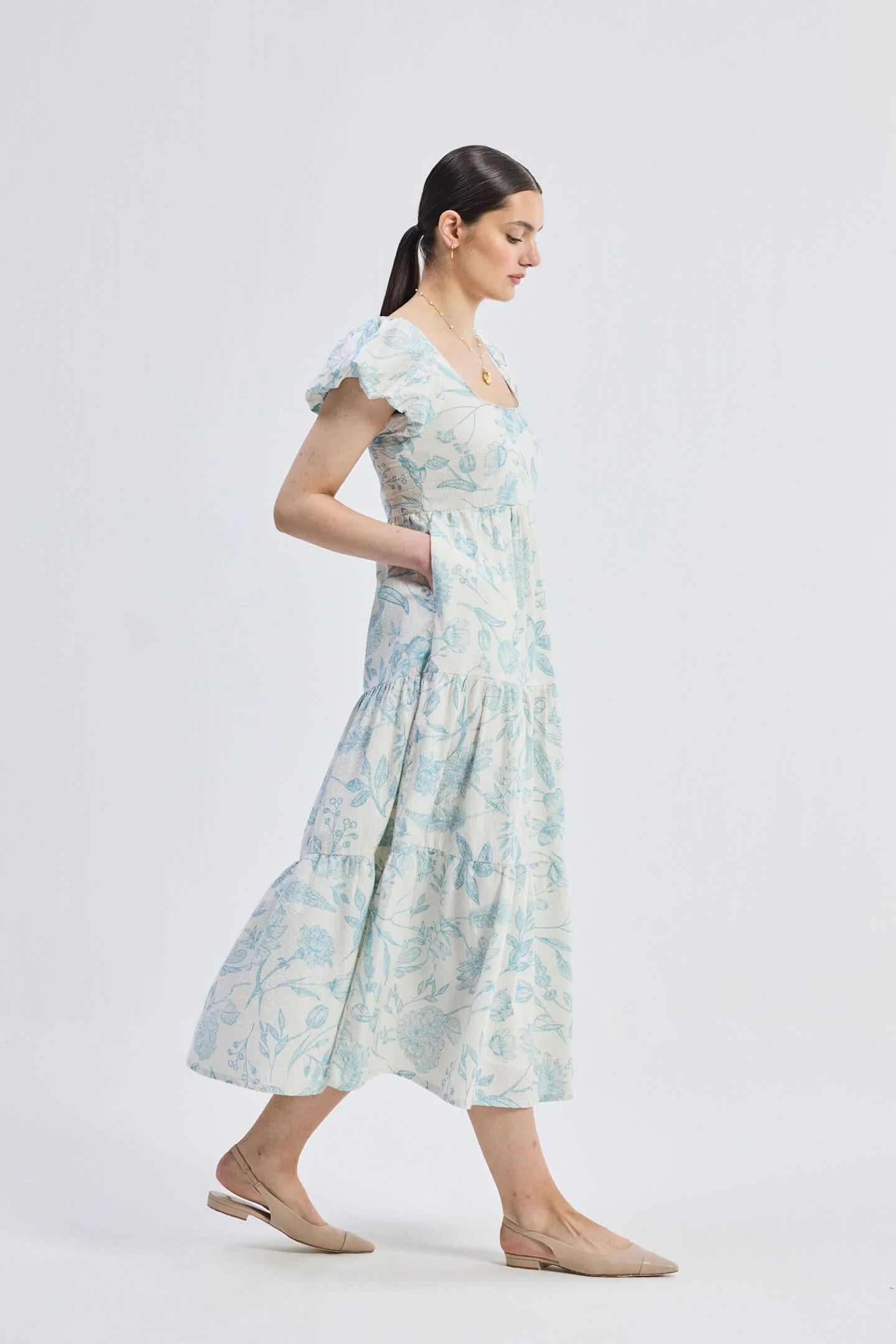 Puff Sleeve Tiered Maxi Dress in Blue Florals - Image 2
